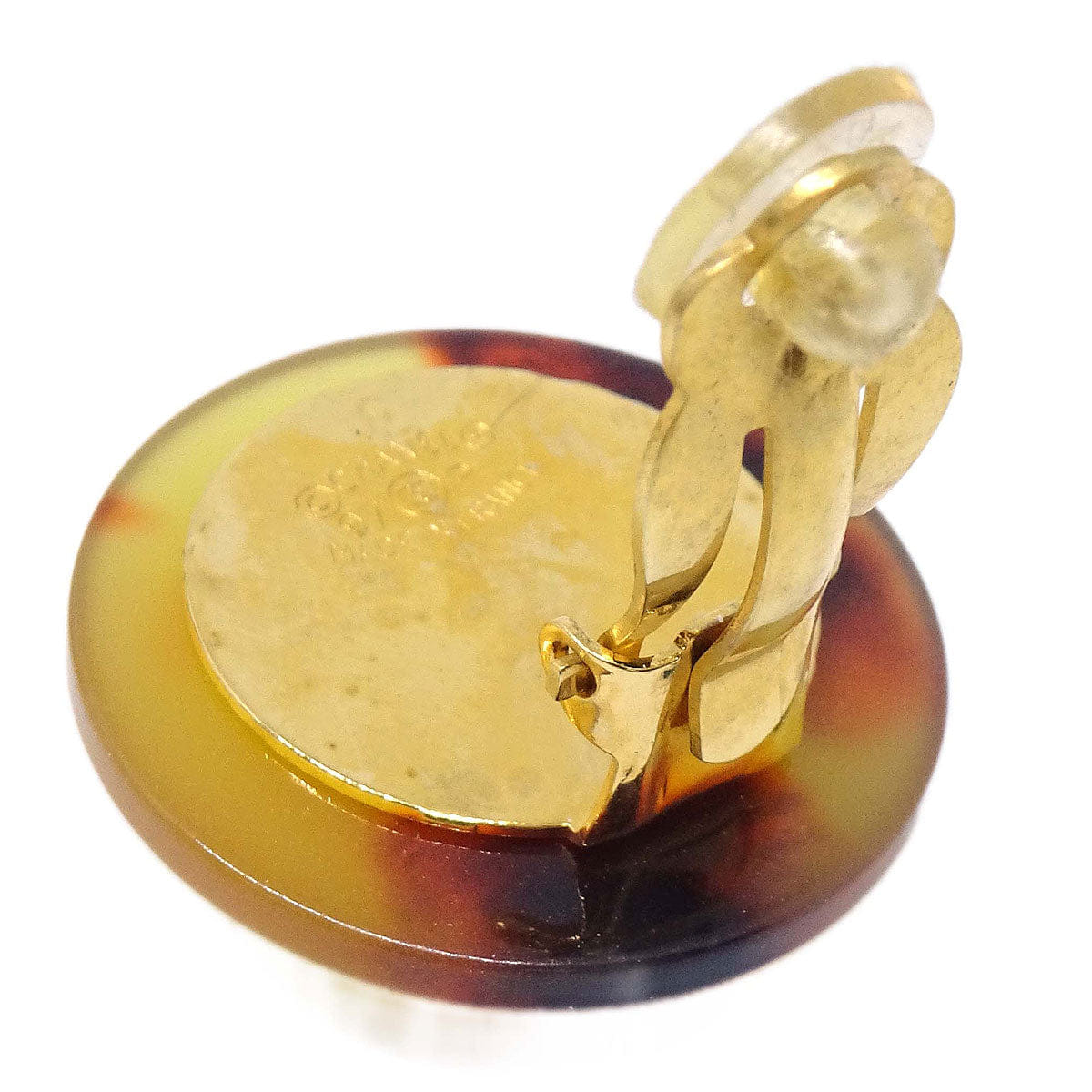 Chanel Button Clip - On Earrings Gold Brown Faux Tortoiseshell 97P