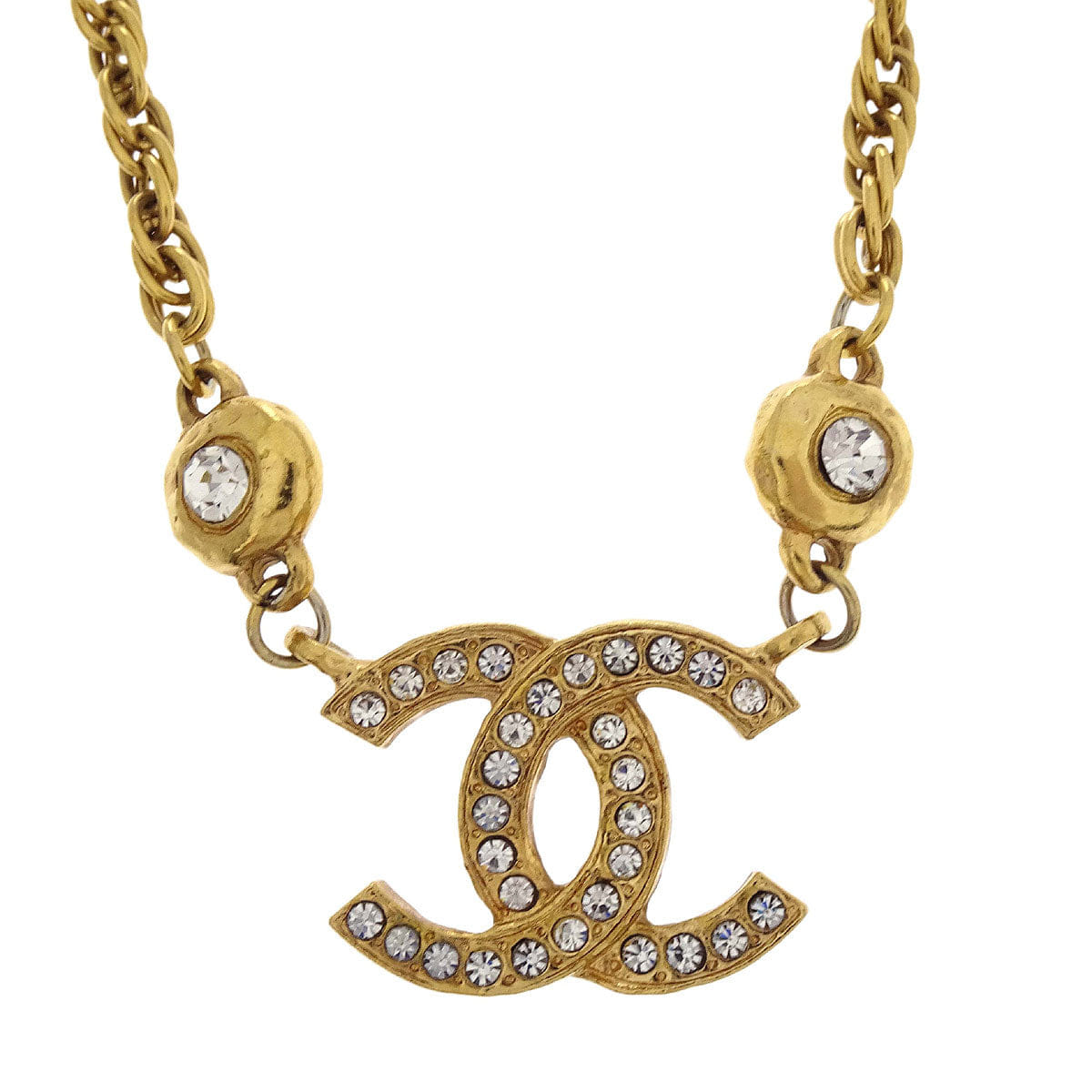 Chanel CC Chain Pendant Necklace Gold Rhinestone