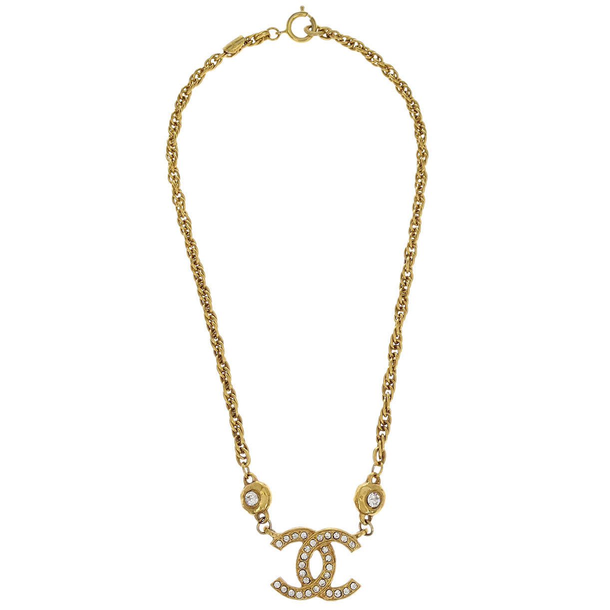 Chanel CC Chain Pendant Necklace Gold Rhinestone