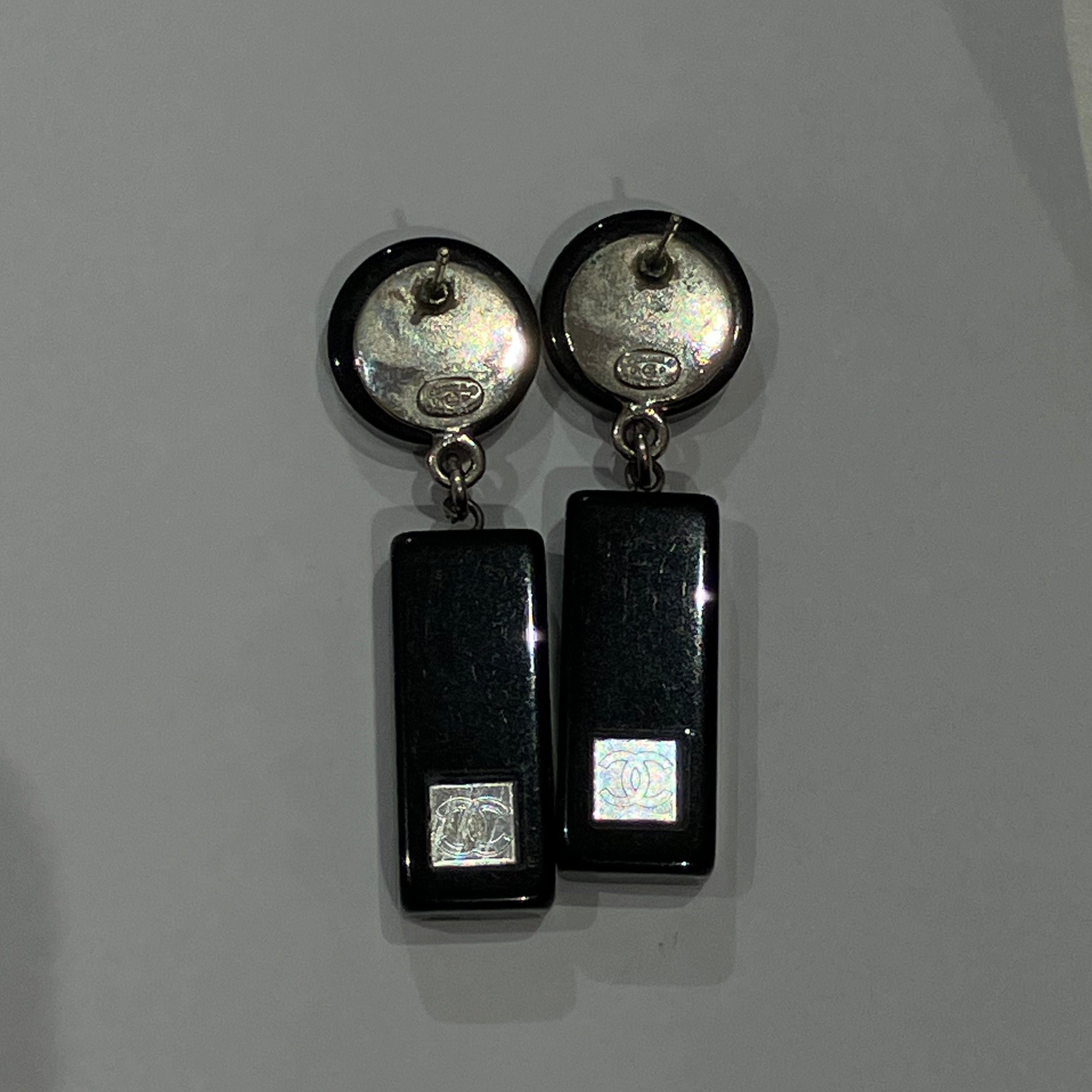 Chanel Piercing Dangle Earrings Silver Black 01P