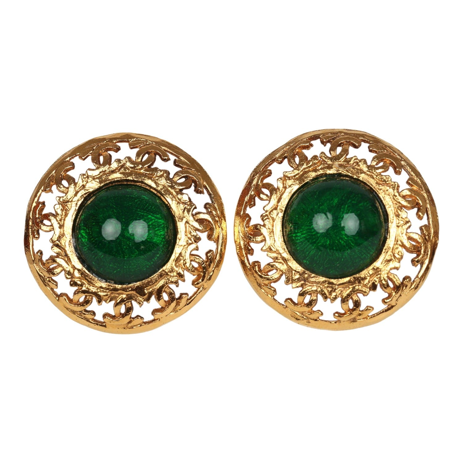Chanel Vintage Chanel Round Gripoix Earrings Green Gold Plated Hardware