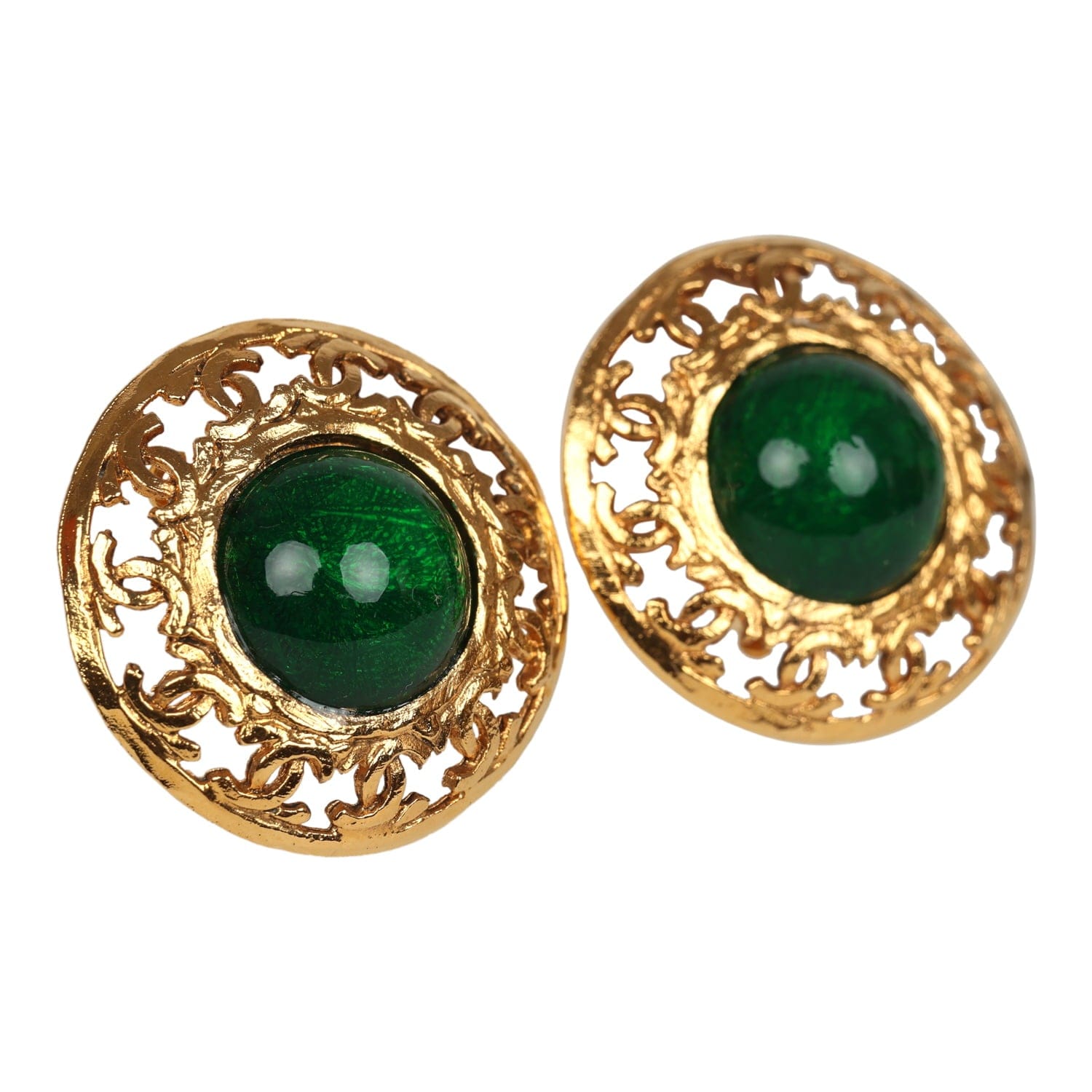 Chanel Vintage Chanel Round Gripoix Earrings Green Gold Plated Hardware