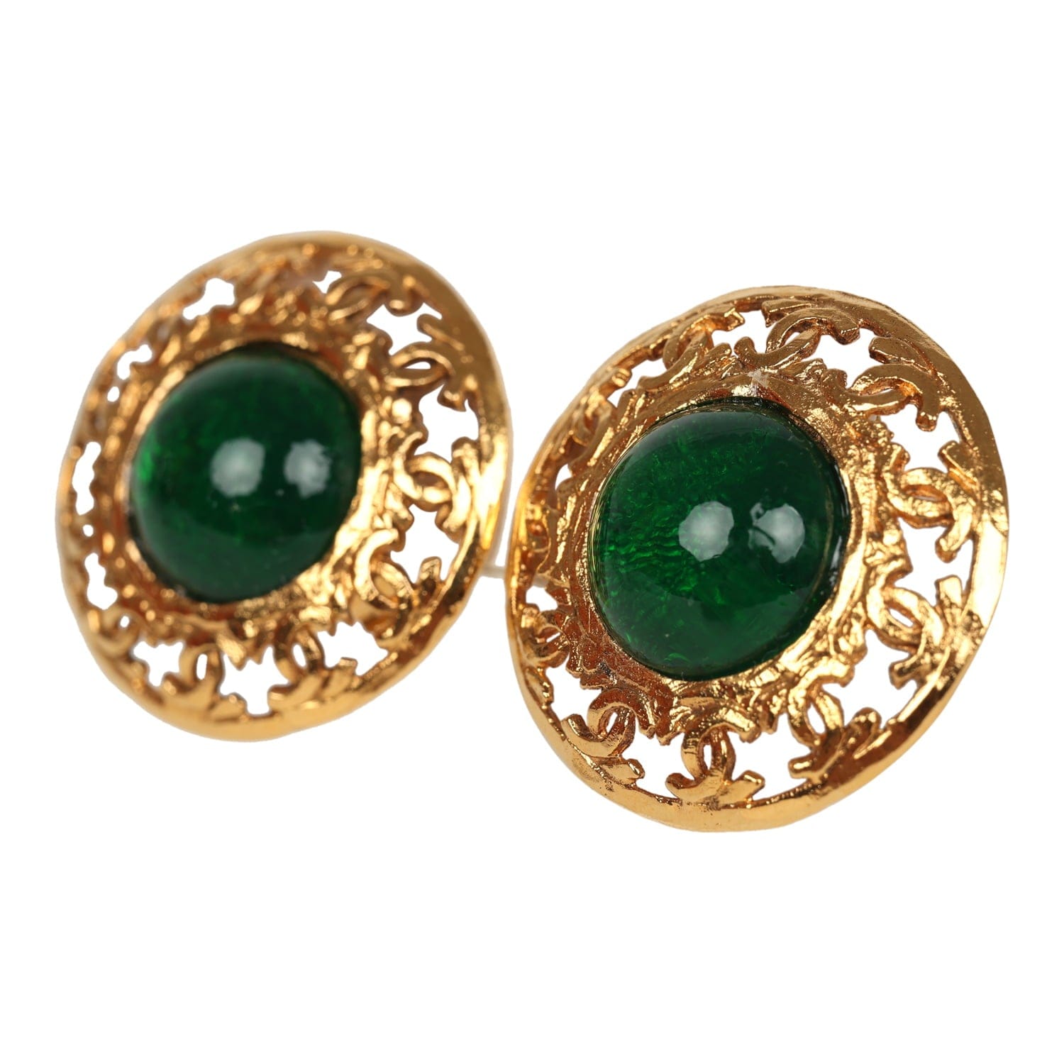 Chanel Vintage Chanel Round Gripoix Earrings Green Gold Plated Hardware