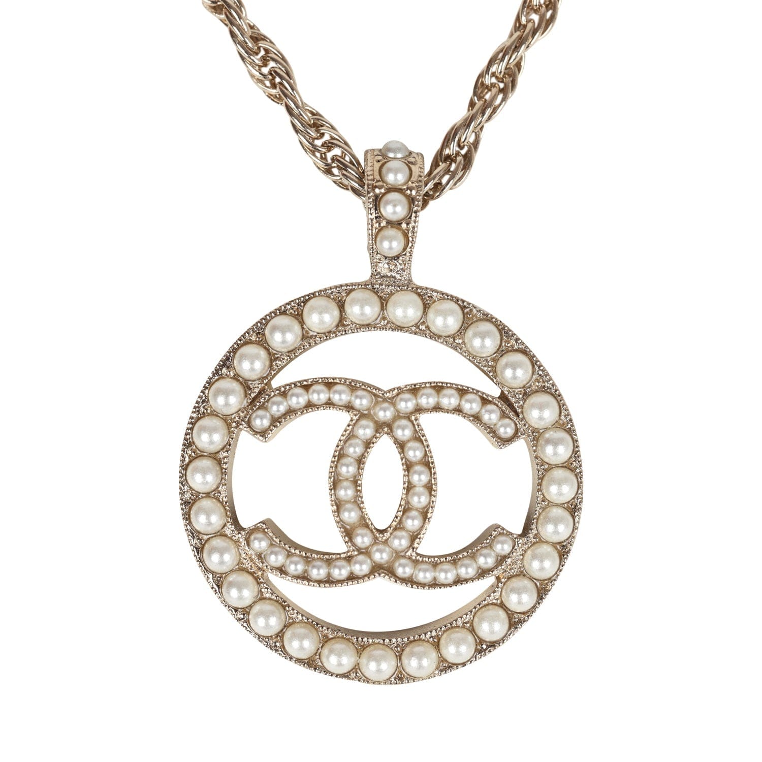 Chanel Round CC Pearl Pendant Necklace Faux Pearls & Light Gold Tone Hardware