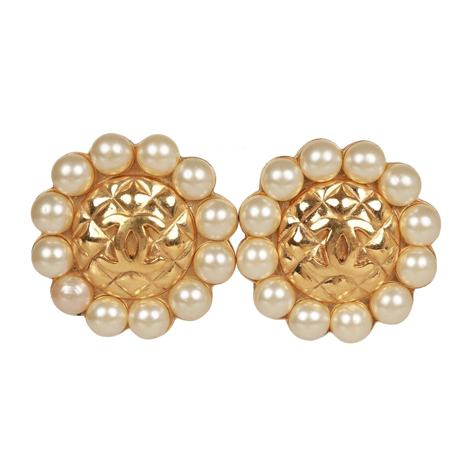 Chanel Vintage Chanel 24K Gold Plated CC Logo Pearl Circle Earrings