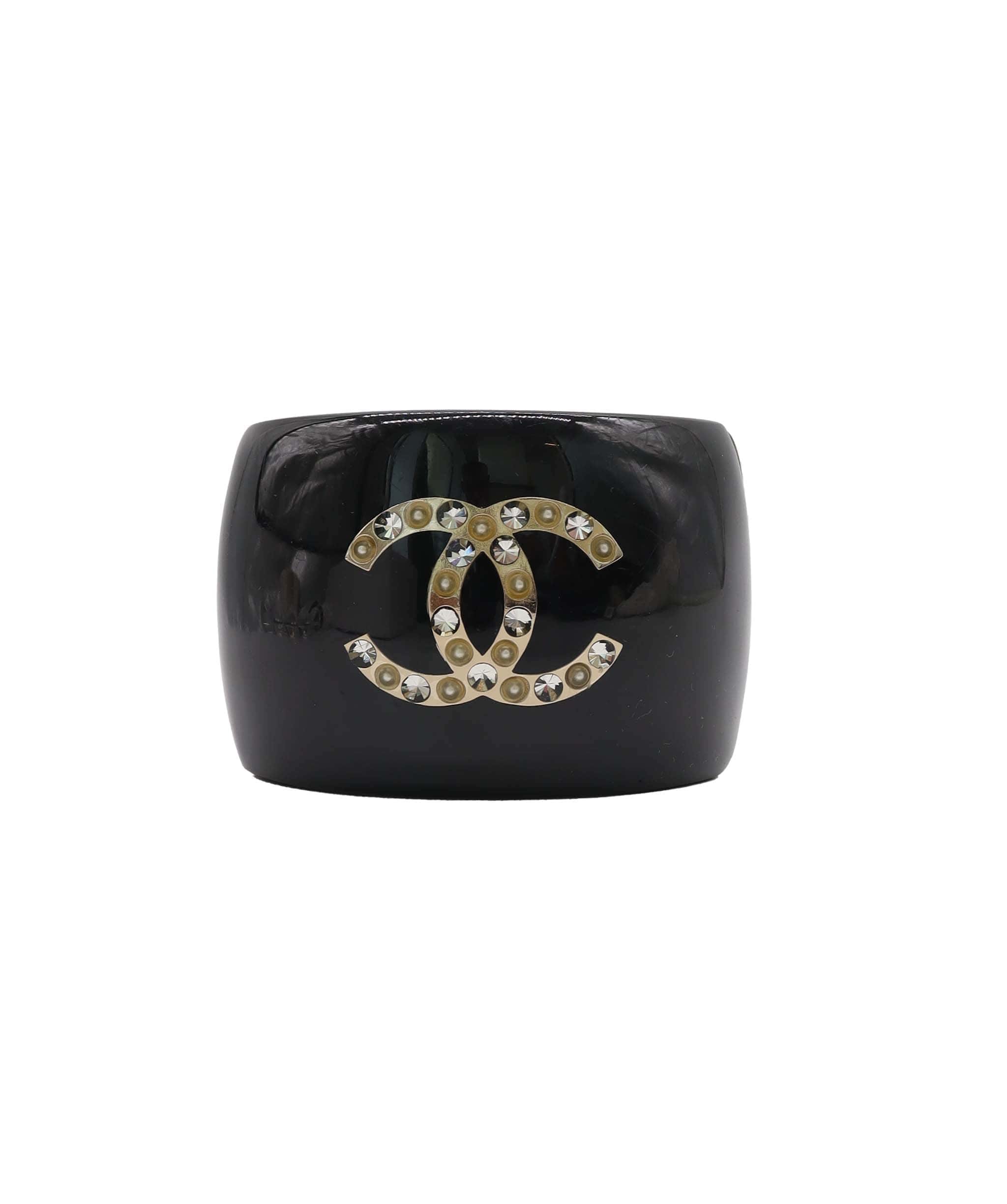 CHANEL RESIN CRYSTAL CUFF BRACELET BLACK ASC7320