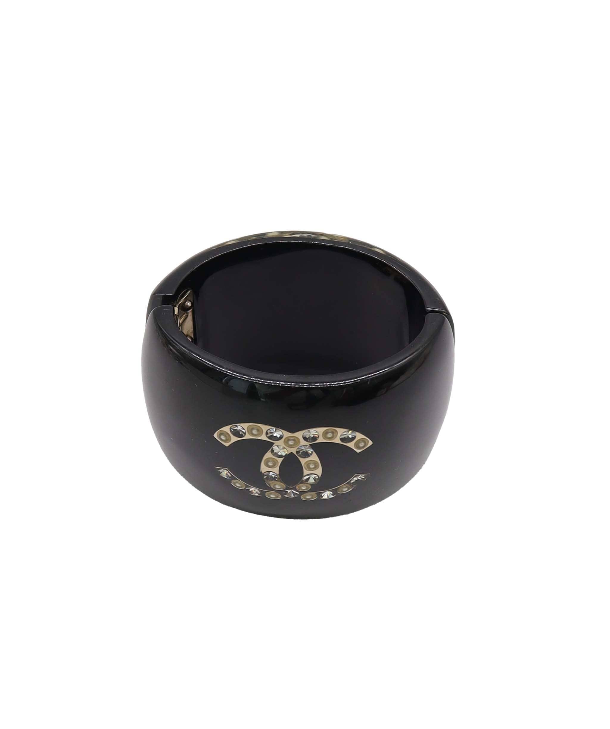 CHANEL RESIN CRYSTAL CUFF BRACELET BLACK ASC7320