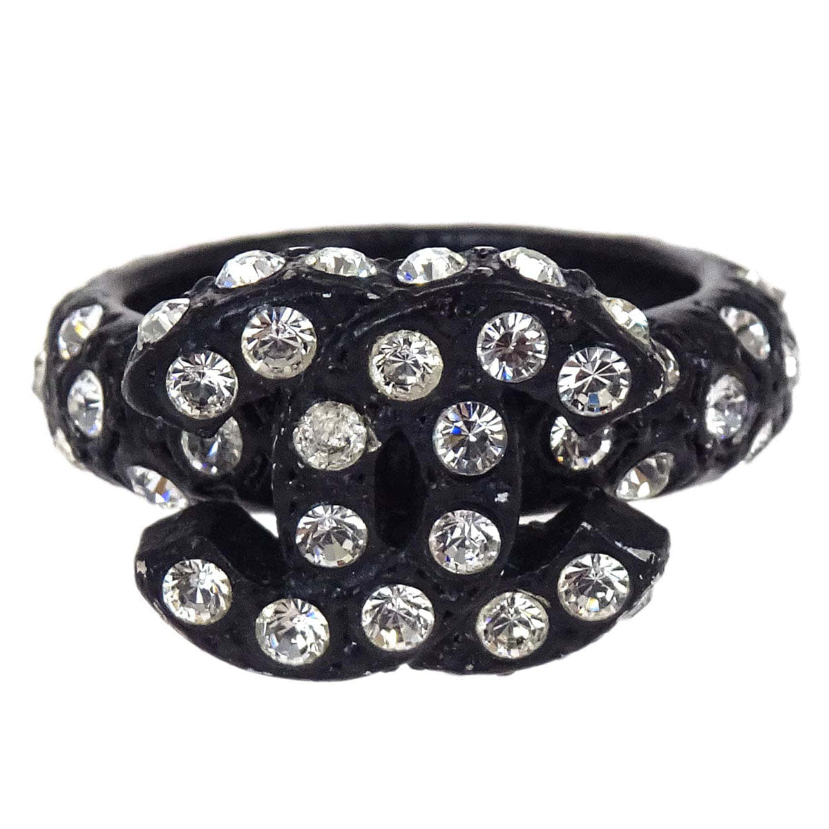 Chanel Ring Acrylic Rhinestone CC Black #52 02A