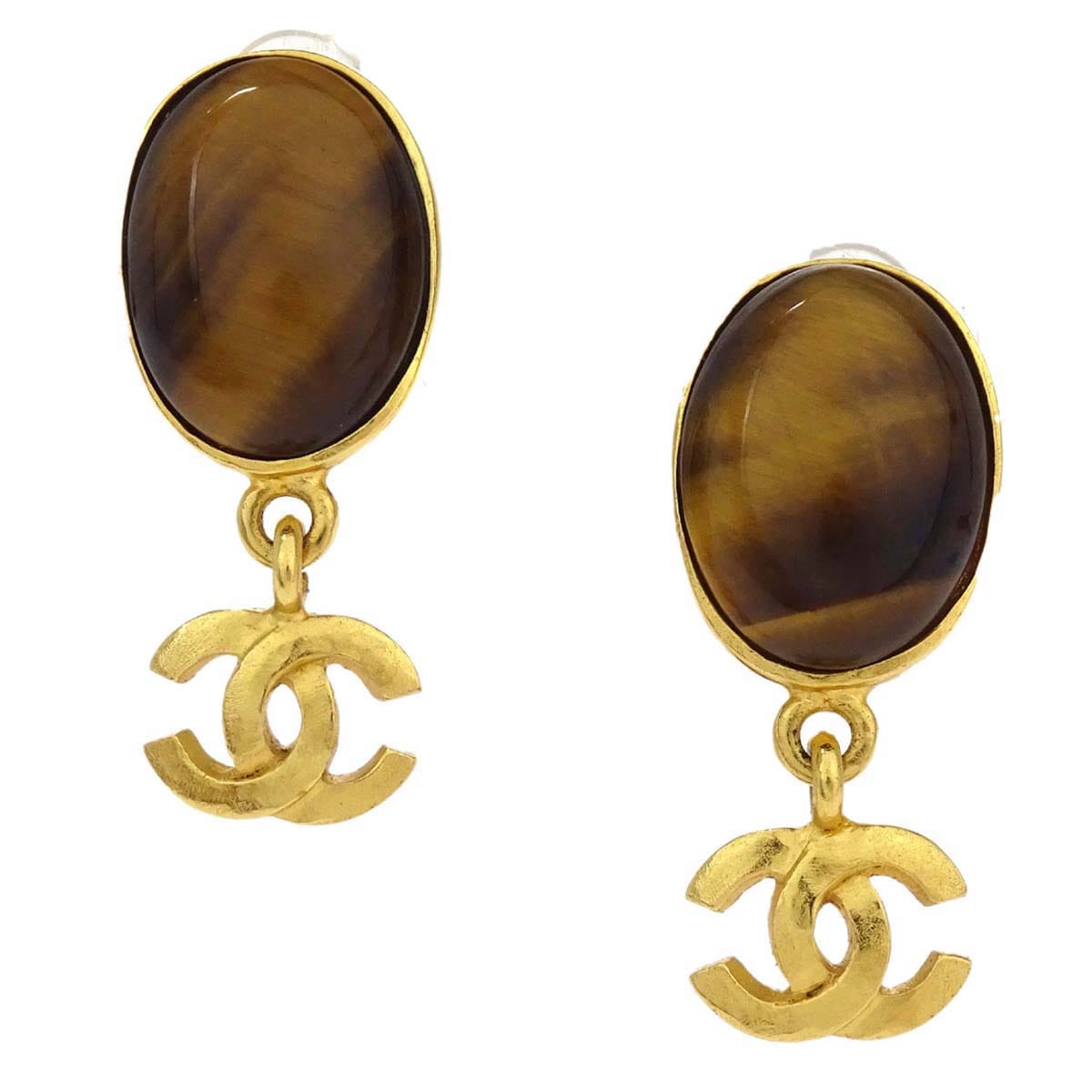 Chanel Dangle CC Oval Clip - On Earrings Gold Tiger's Eye 95A