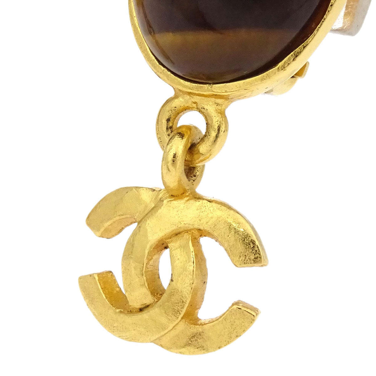 Chanel Dangle CC Oval Clip - On Earrings Gold Tiger's Eye 95A