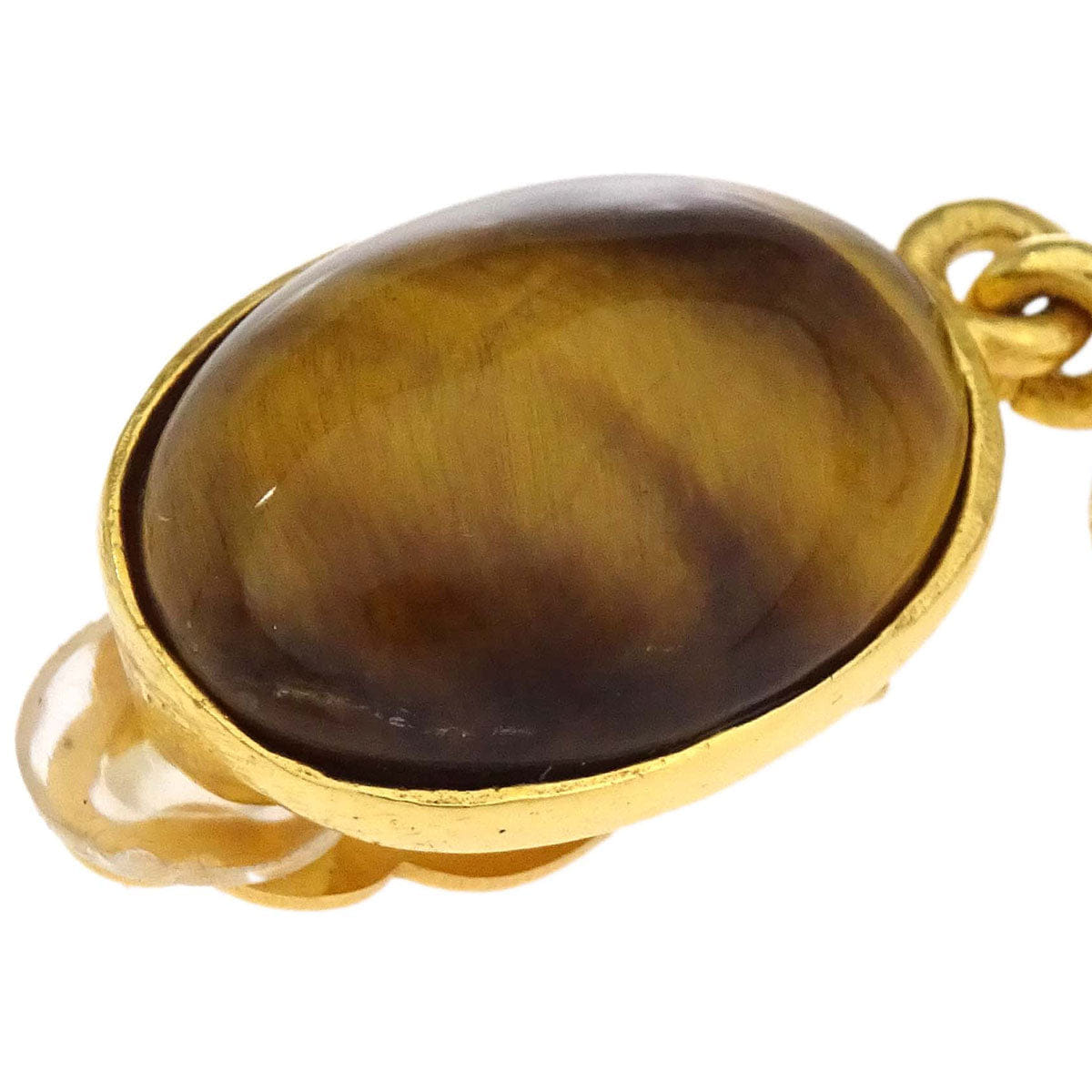 Chanel Dangle CC Oval Clip - On Earrings Gold Tiger's Eye 95A