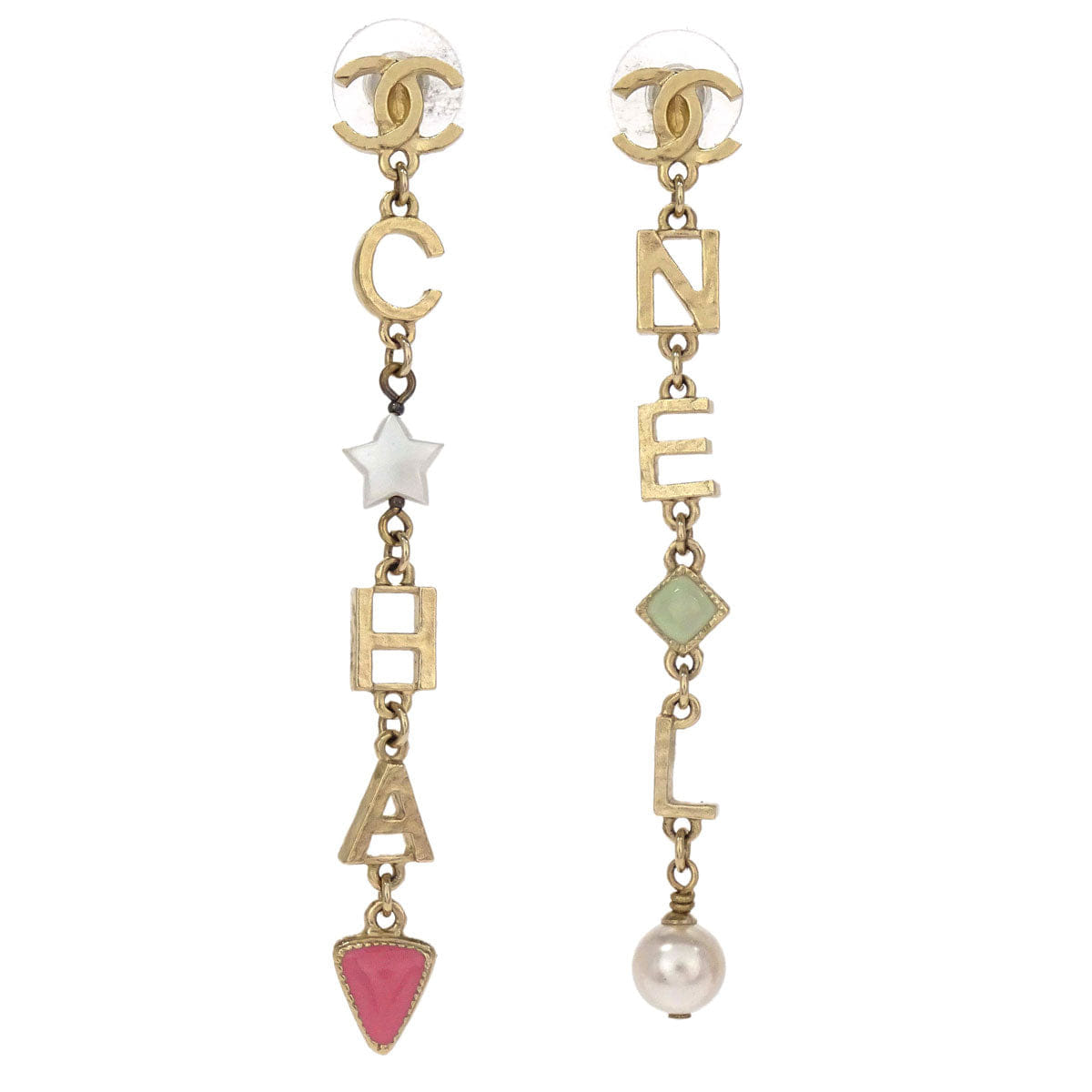 Chanel Dangle Pierced Earrings CC Logo Costume Pearl Gold