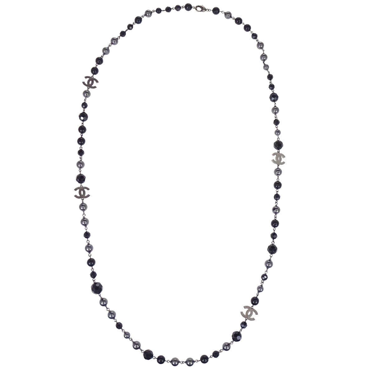 Chanel Black Costume Pearl Beads Chain Necklace Silver A14V