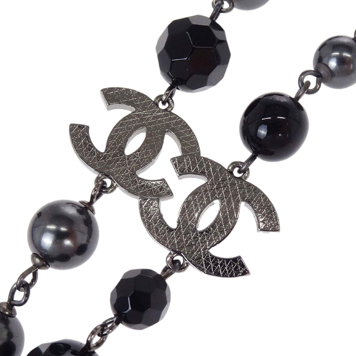 Chanel Black Costume Pearl Beads Chain Necklace Silver A14V