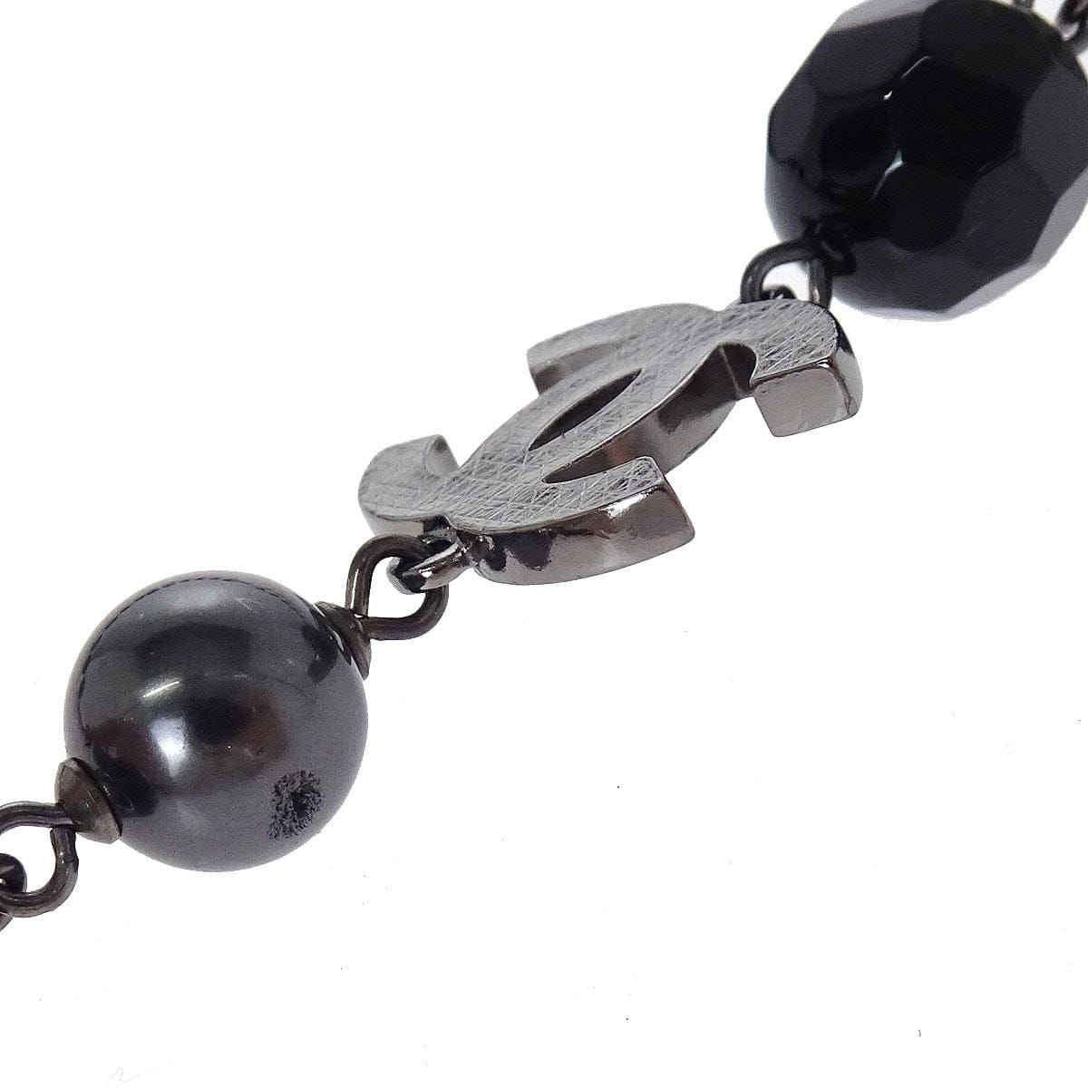 Chanel Black Costume Pearl Beads Chain Necklace Silver A14V