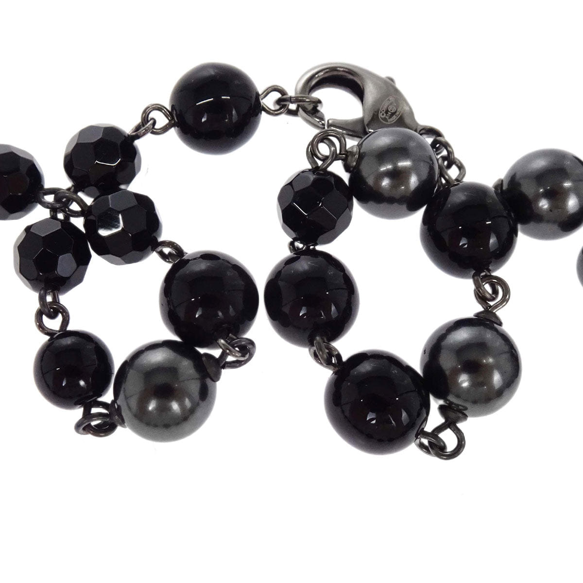 Chanel Black Costume Pearl Beads Chain Necklace Silver A14V