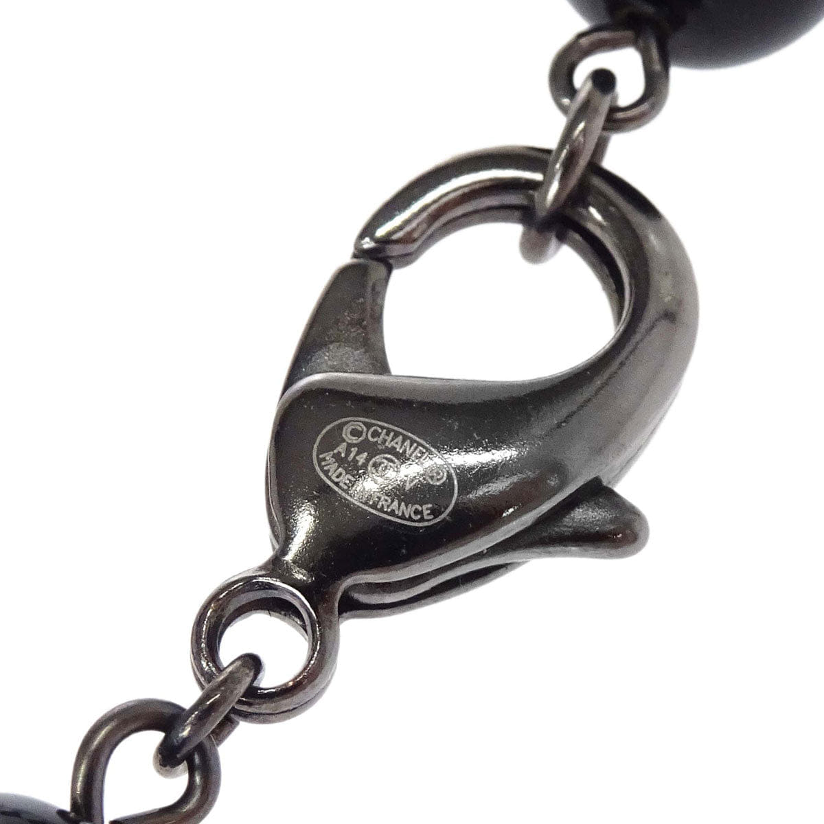 Chanel Black Costume Pearl Beads Chain Necklace Silver A14V