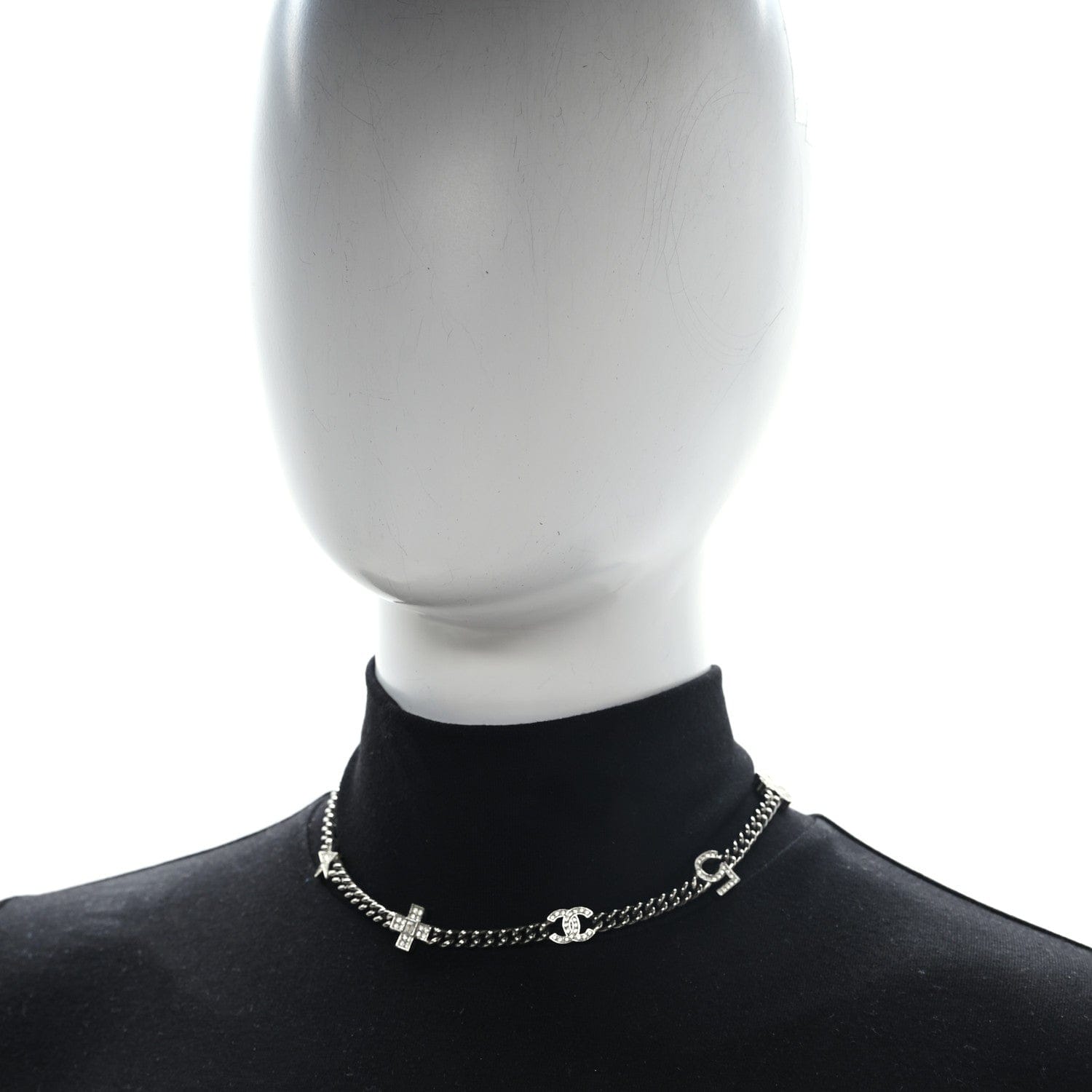 Chanel Crystal CC Lucky Symbols Choker Necklace Silver