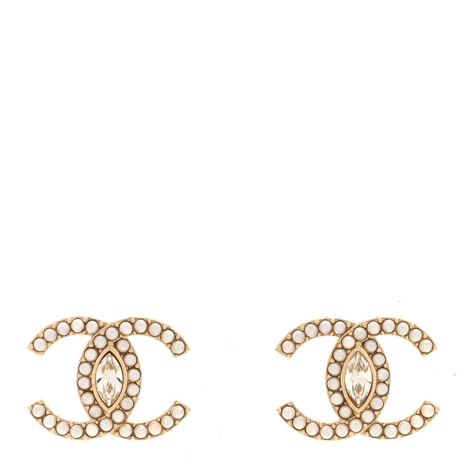 Chanel Pearl Marquise Crystal CC Earrings Gold White