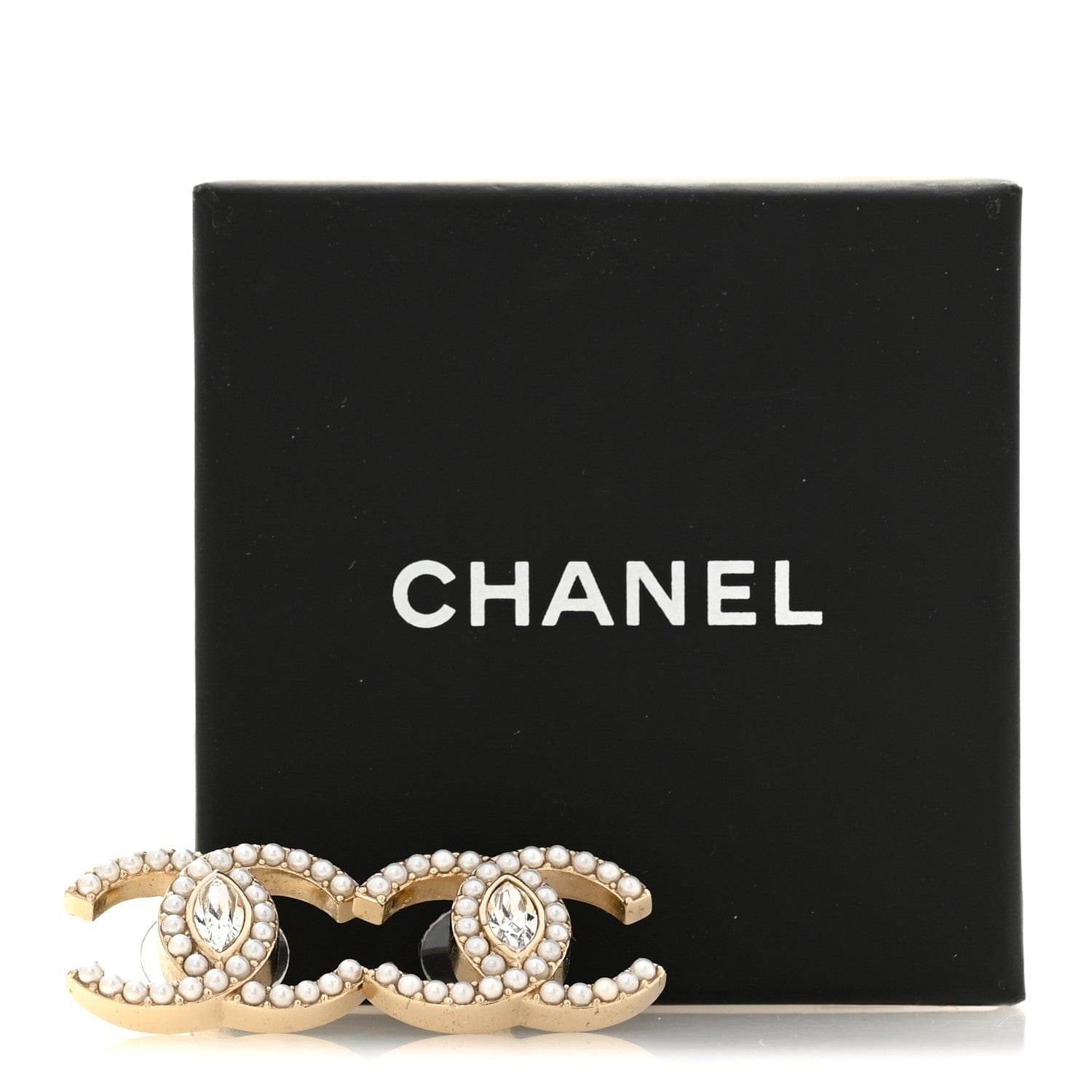 Chanel Pearl Marquise Crystal CC Earrings Gold White