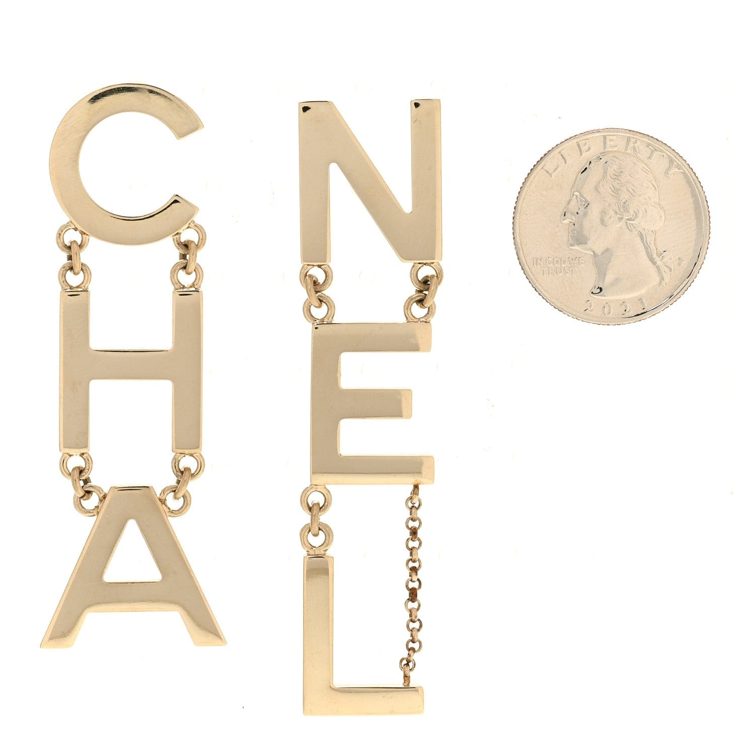 Chanel Metal Cha - Nel Logo Drop Earrings Gold