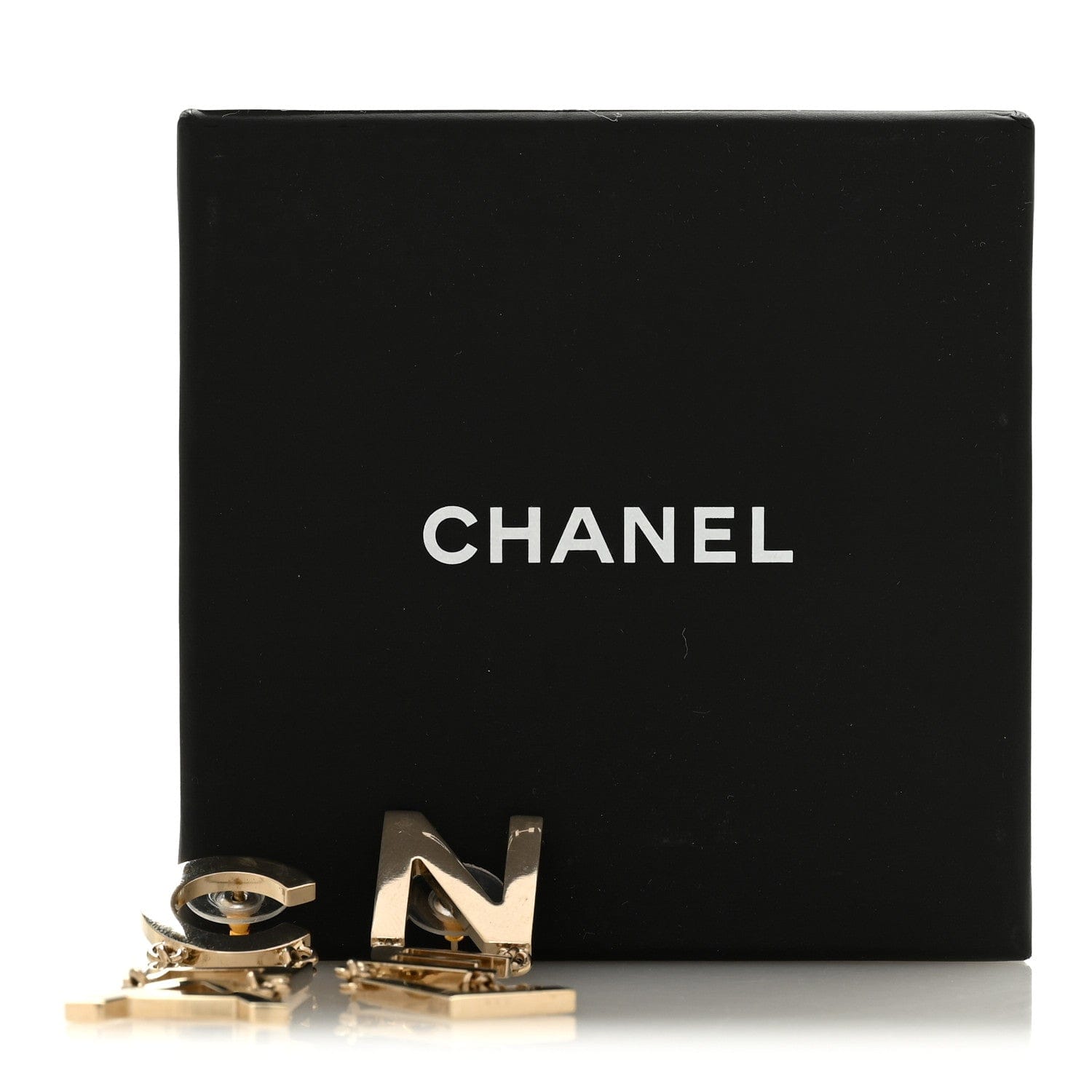 Chanel Metal Cha - Nel Logo Drop Earrings Gold