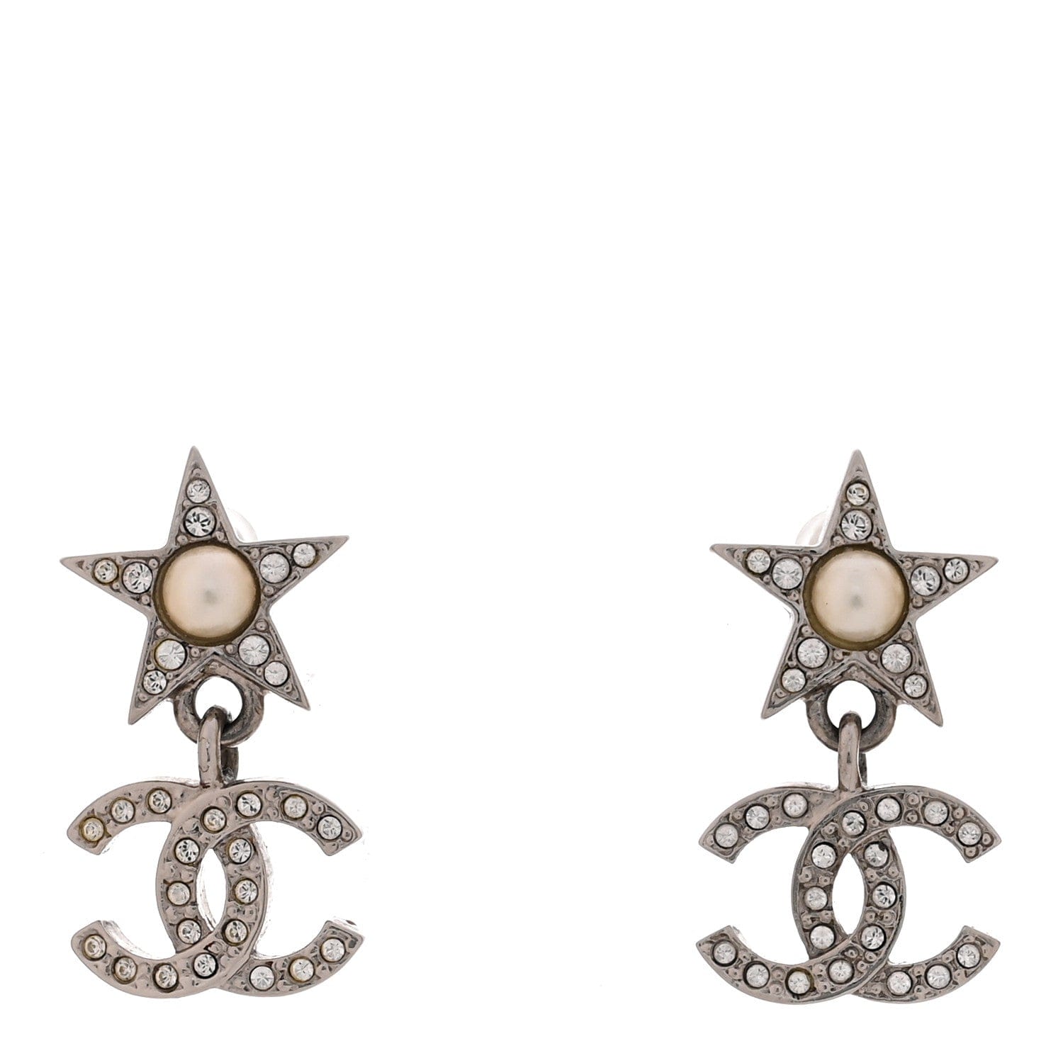 Chanel Crystal CC Pearl Star Drop Earrings Silver