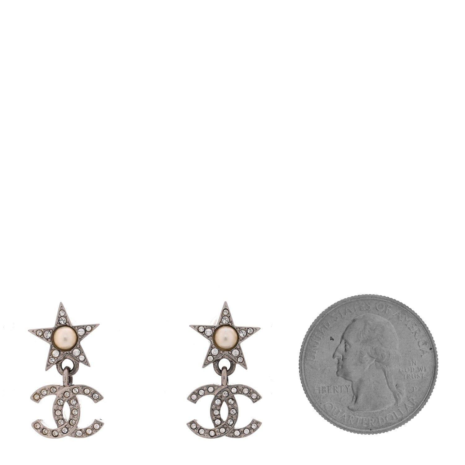 Chanel Crystal CC Pearl Star Drop Earrings Silver
