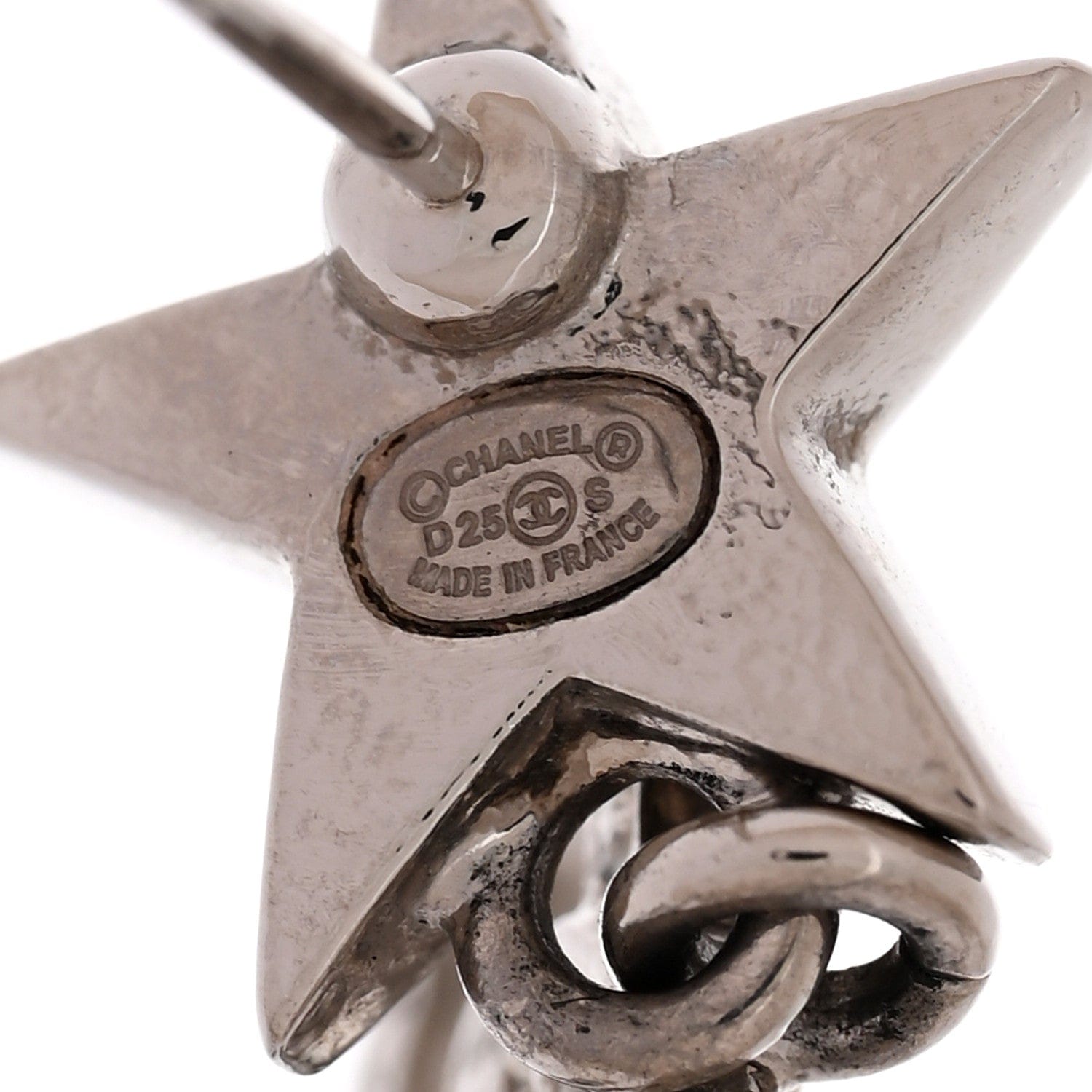Chanel Crystal CC Pearl Star Drop Earrings Silver
