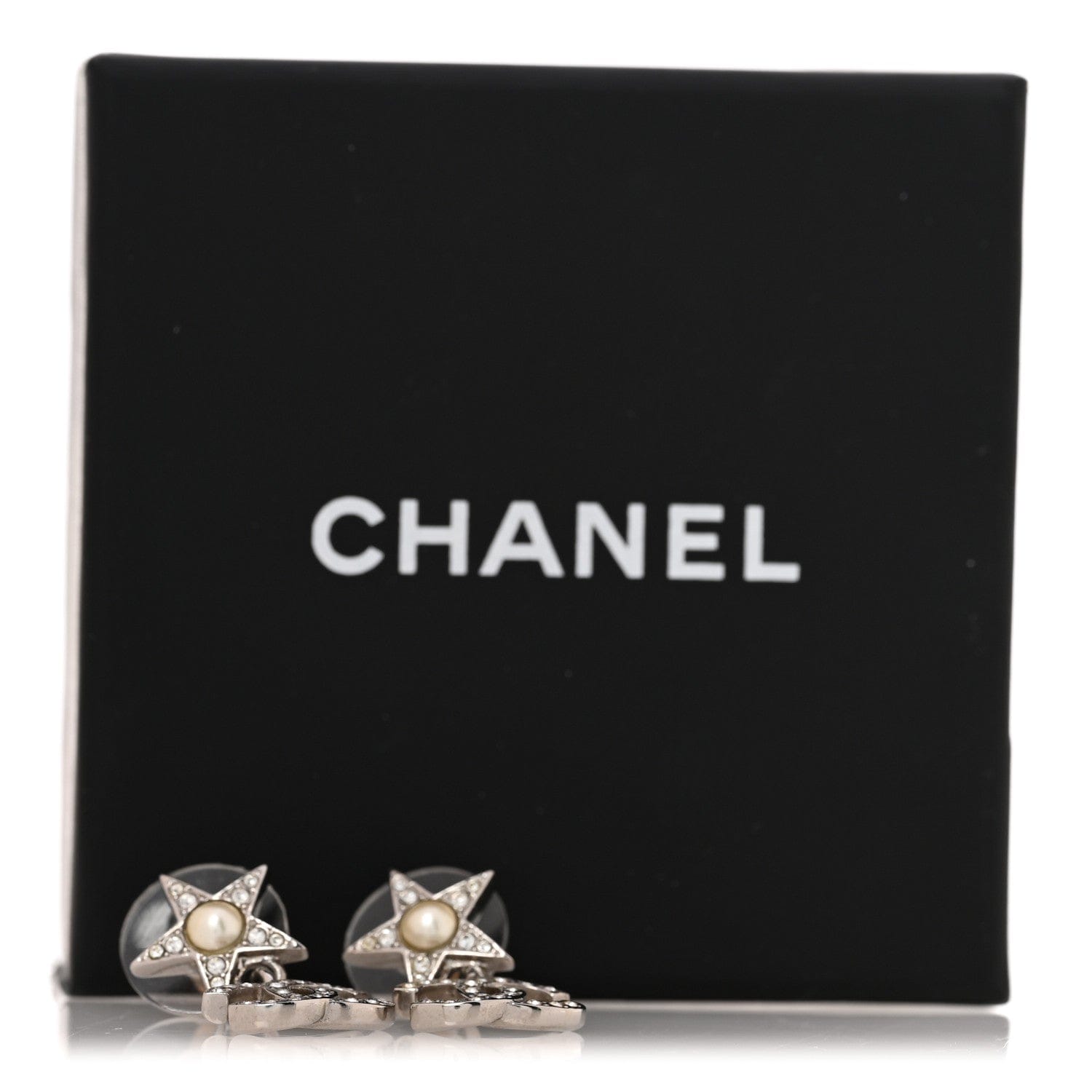 Chanel Crystal CC Pearl Star Drop Earrings Silver