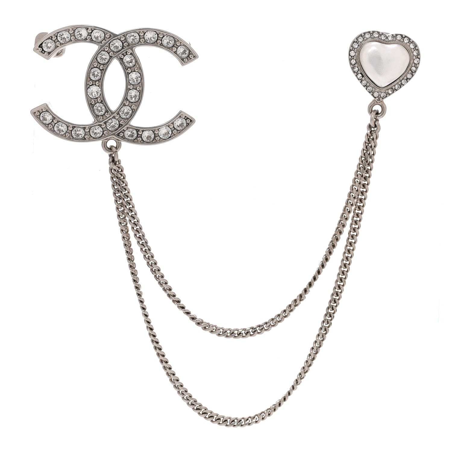 Chanel Diamente Pearl Multi Strand Chain CC Heart Brooch Silver Pearly White