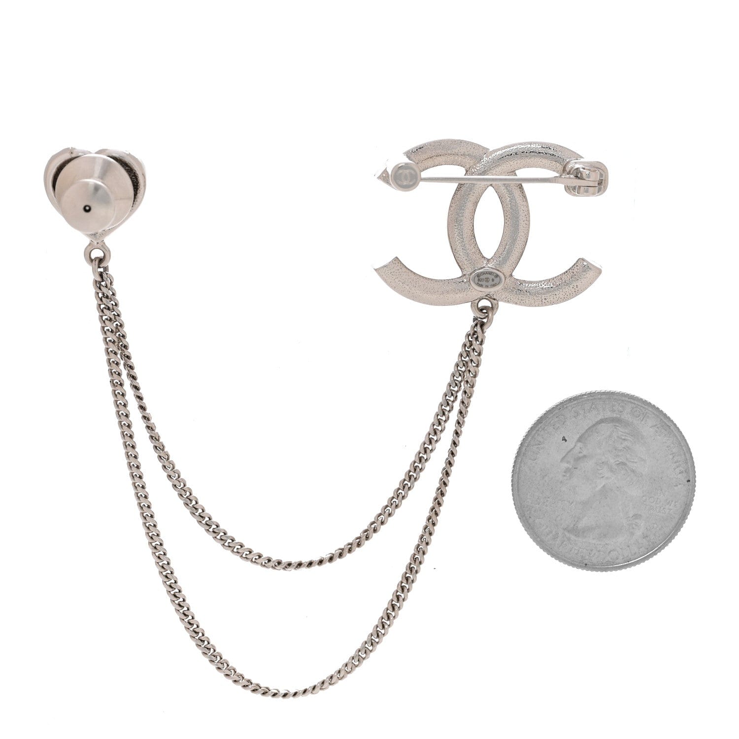Chanel Diamente Pearl Multi Strand Chain CC Heart Brooch Silver Pearly White