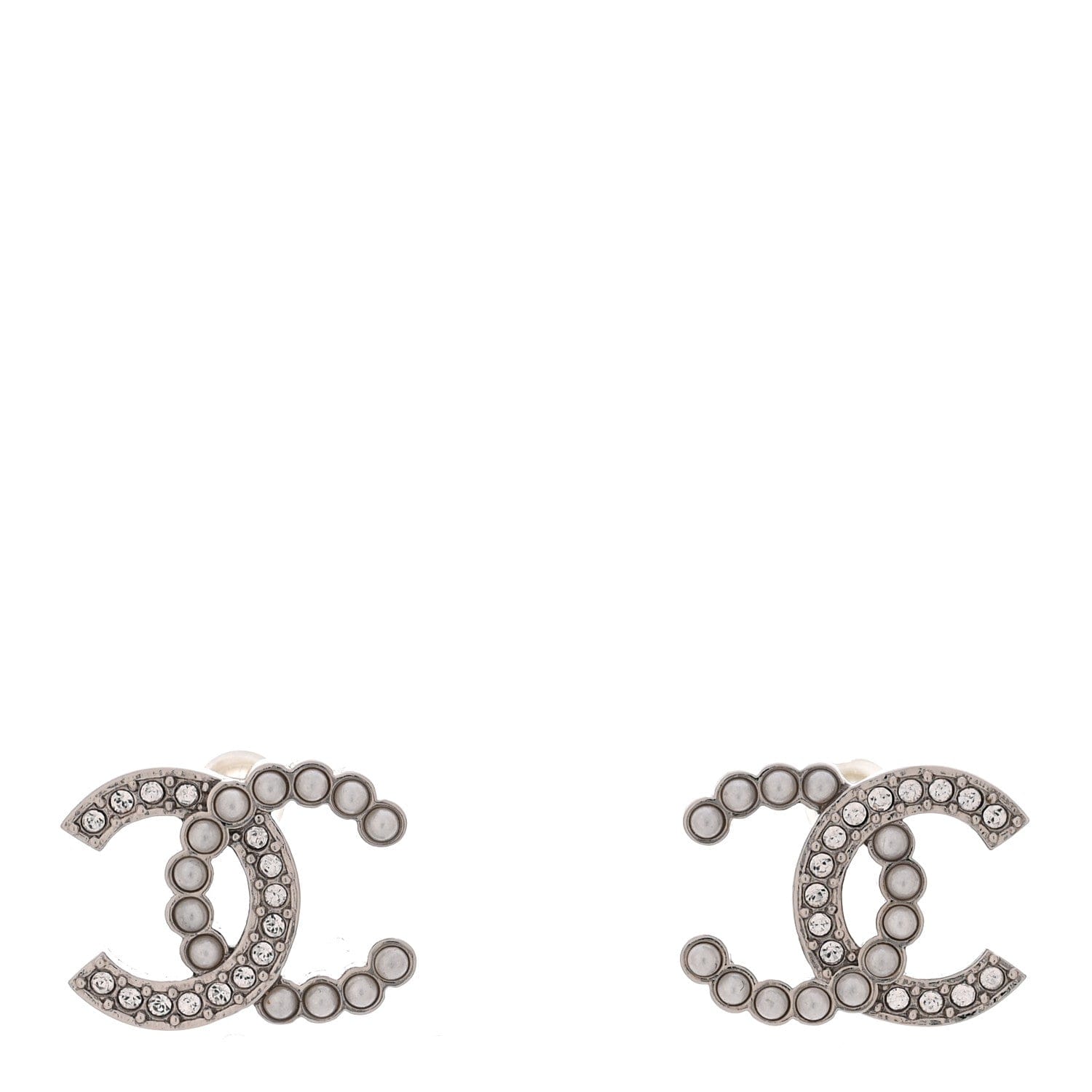 Chanel Crystal Pearl CC Earrings Silver
