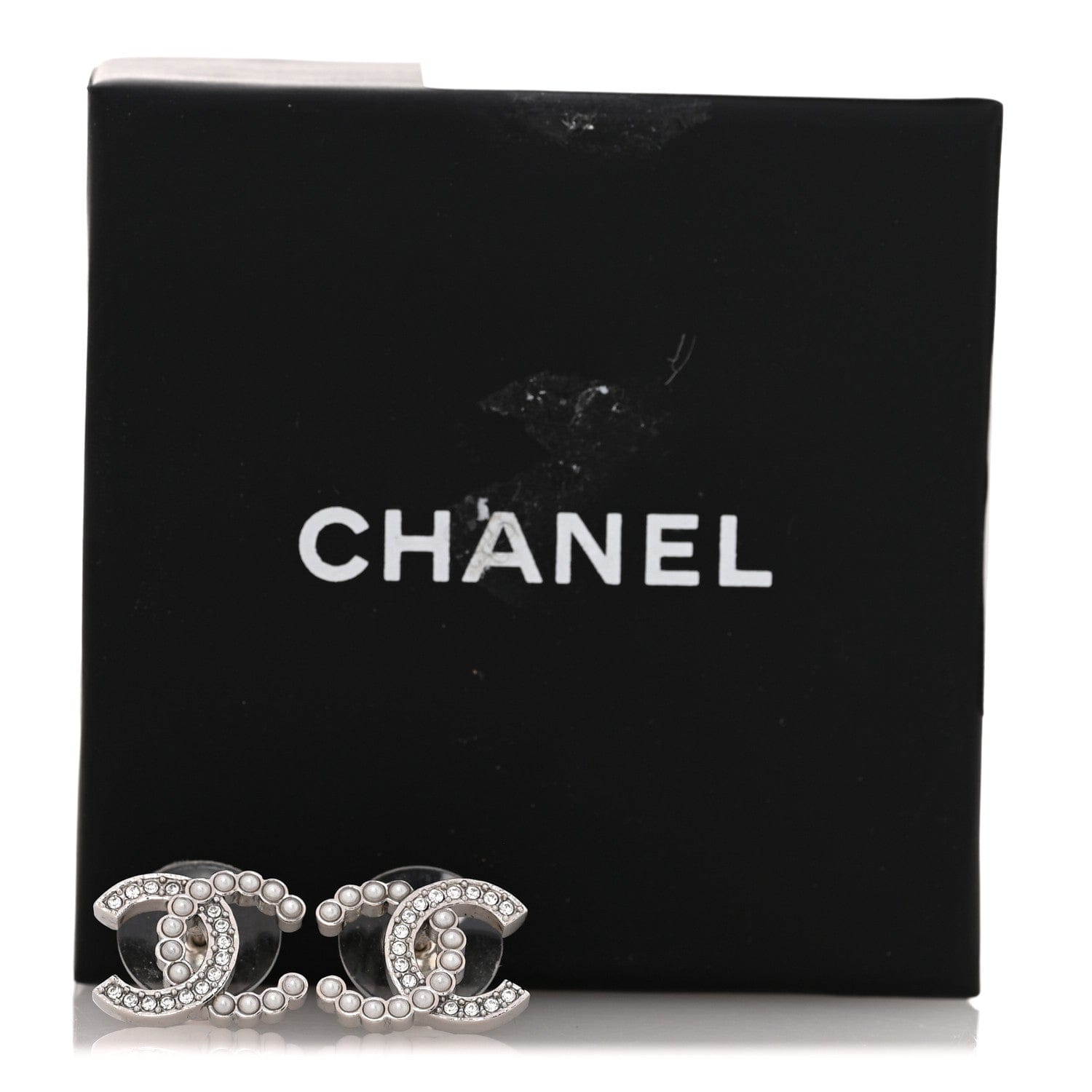 Chanel Crystal Pearl CC Earrings Silver