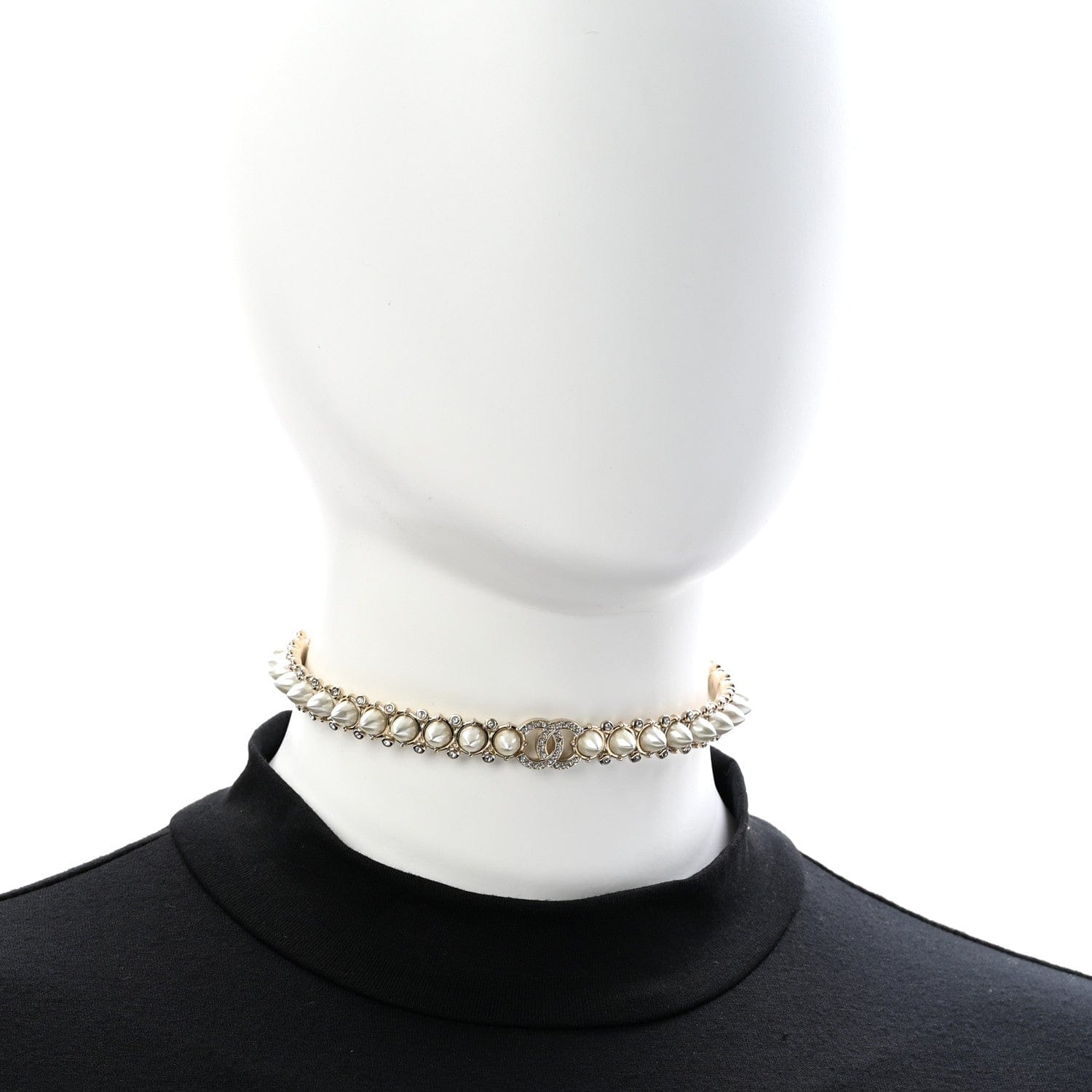 Chanel Strass Crystal Studded Pearl CC Choker Necklace Gold Pearly White