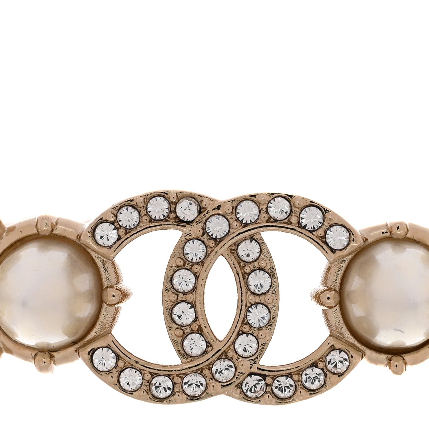 Chanel Strass Crystal Studded Pearl CC Choker Necklace Gold Pearly White