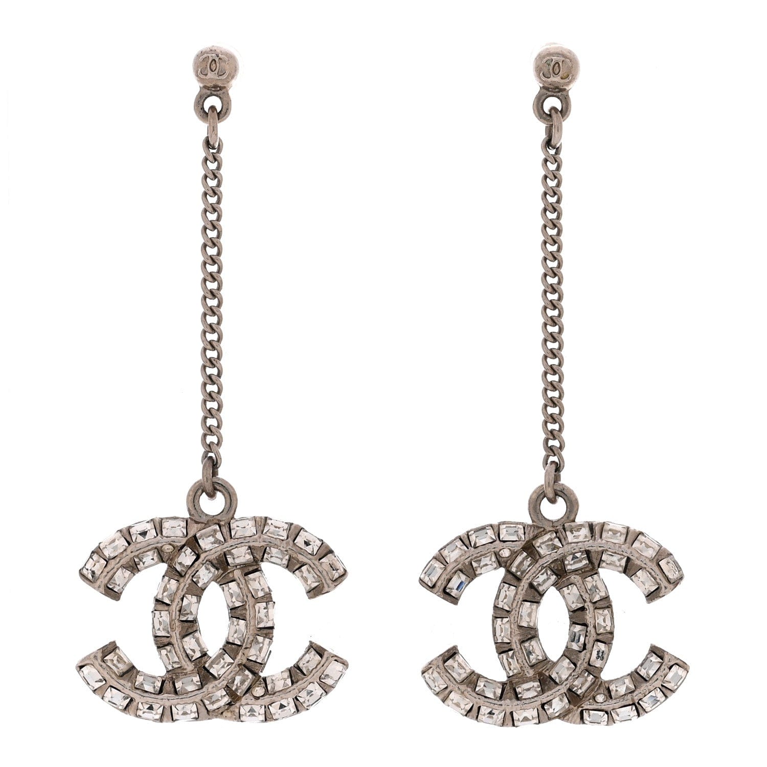 Chanel Baguette Crystal CC Drop Earrings Silver