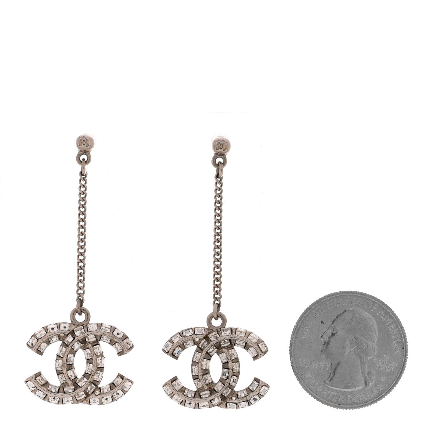 Chanel Baguette Crystal CC Drop Earrings Silver