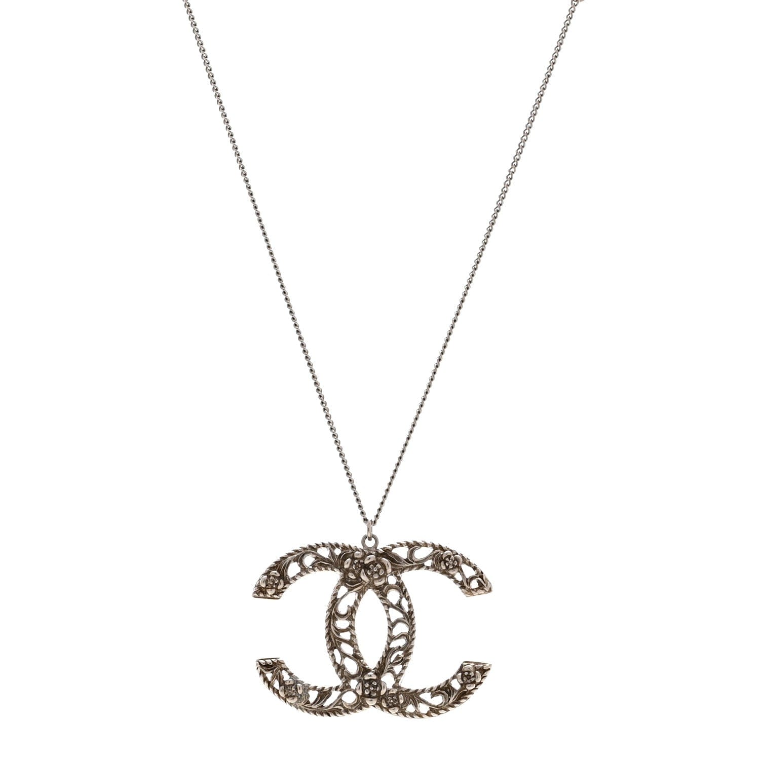 Chanel Ruthenium Twisted Camellia CC Pendant Necklace