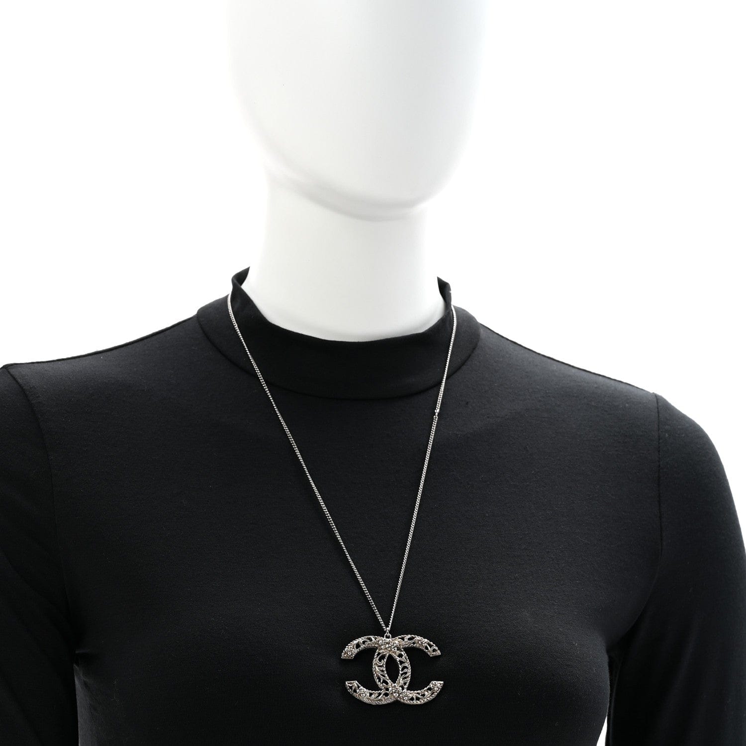 Chanel Ruthenium Twisted Camellia CC Pendant Necklace