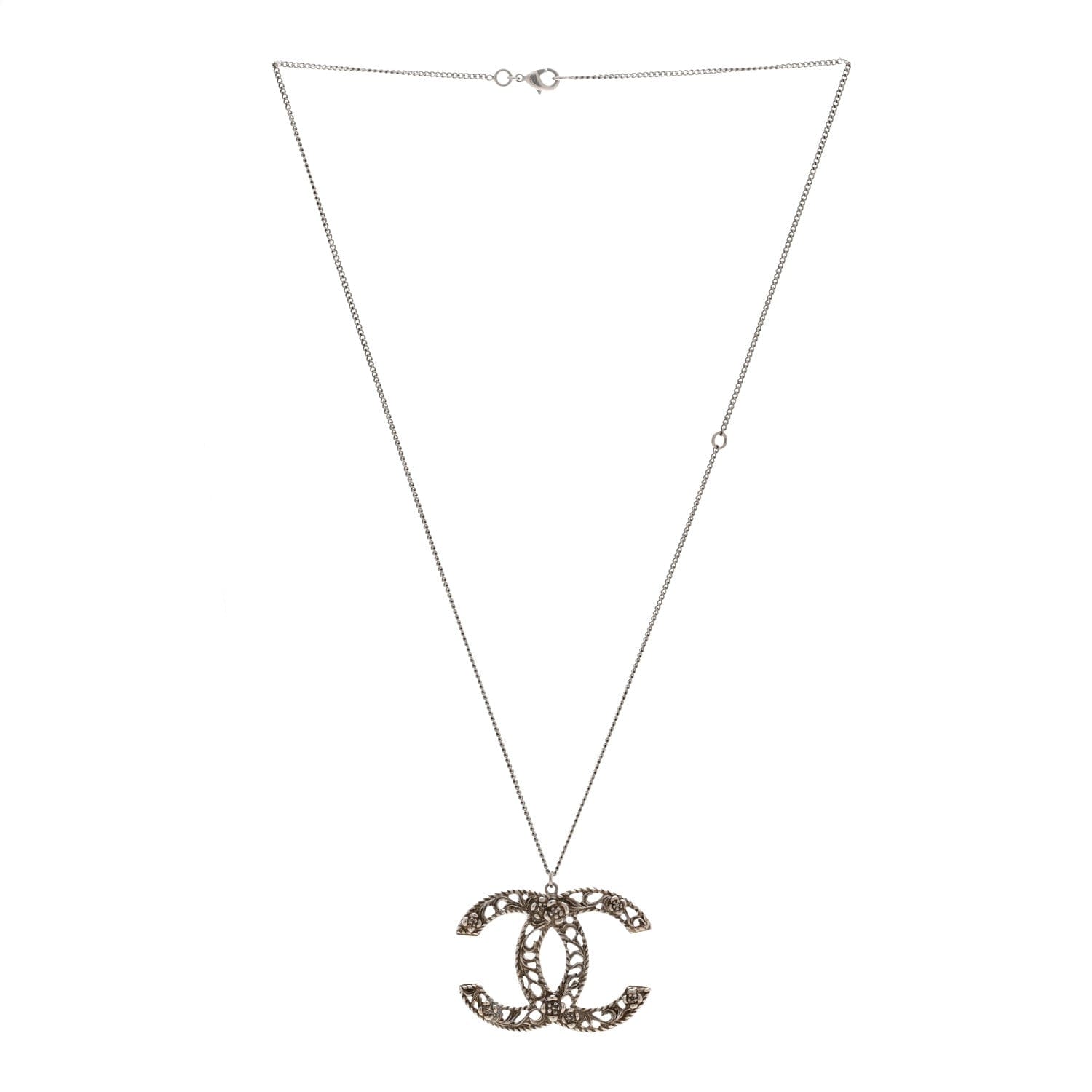 Chanel Ruthenium Twisted Camellia CC Pendant Necklace