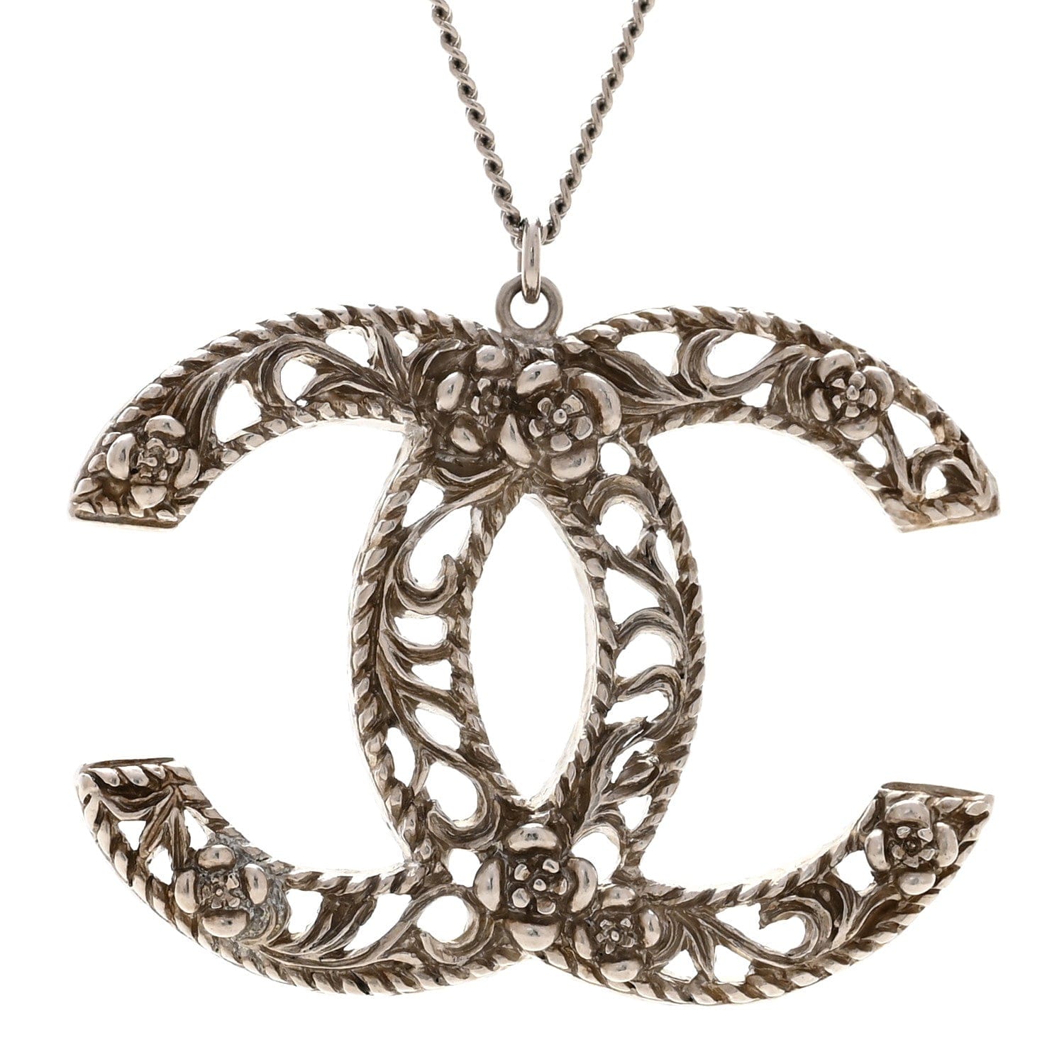 Chanel Ruthenium Twisted Camellia CC Pendant Necklace