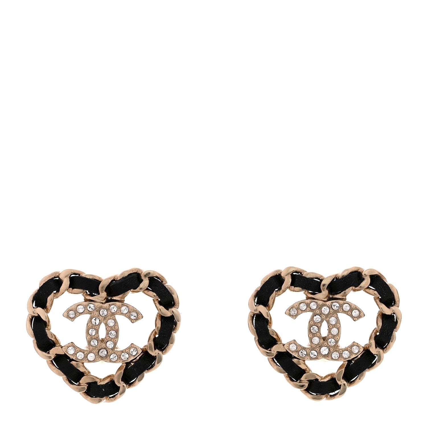 Chanel Crystal Lambskin Chain CC Heart Earrings Gold Black
