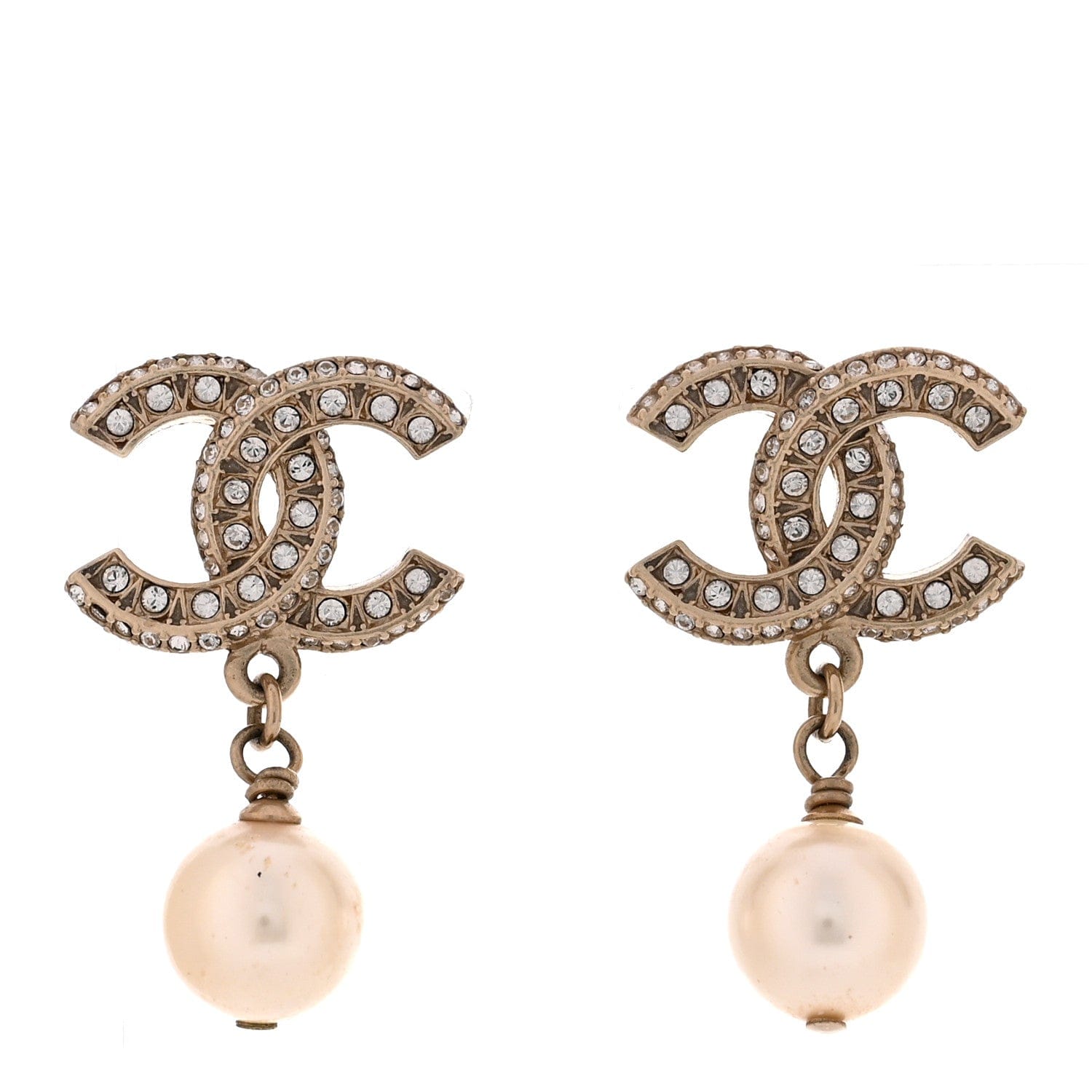 Chanel Crystal Timeless CC Pearl Drop Earrings Light Gold