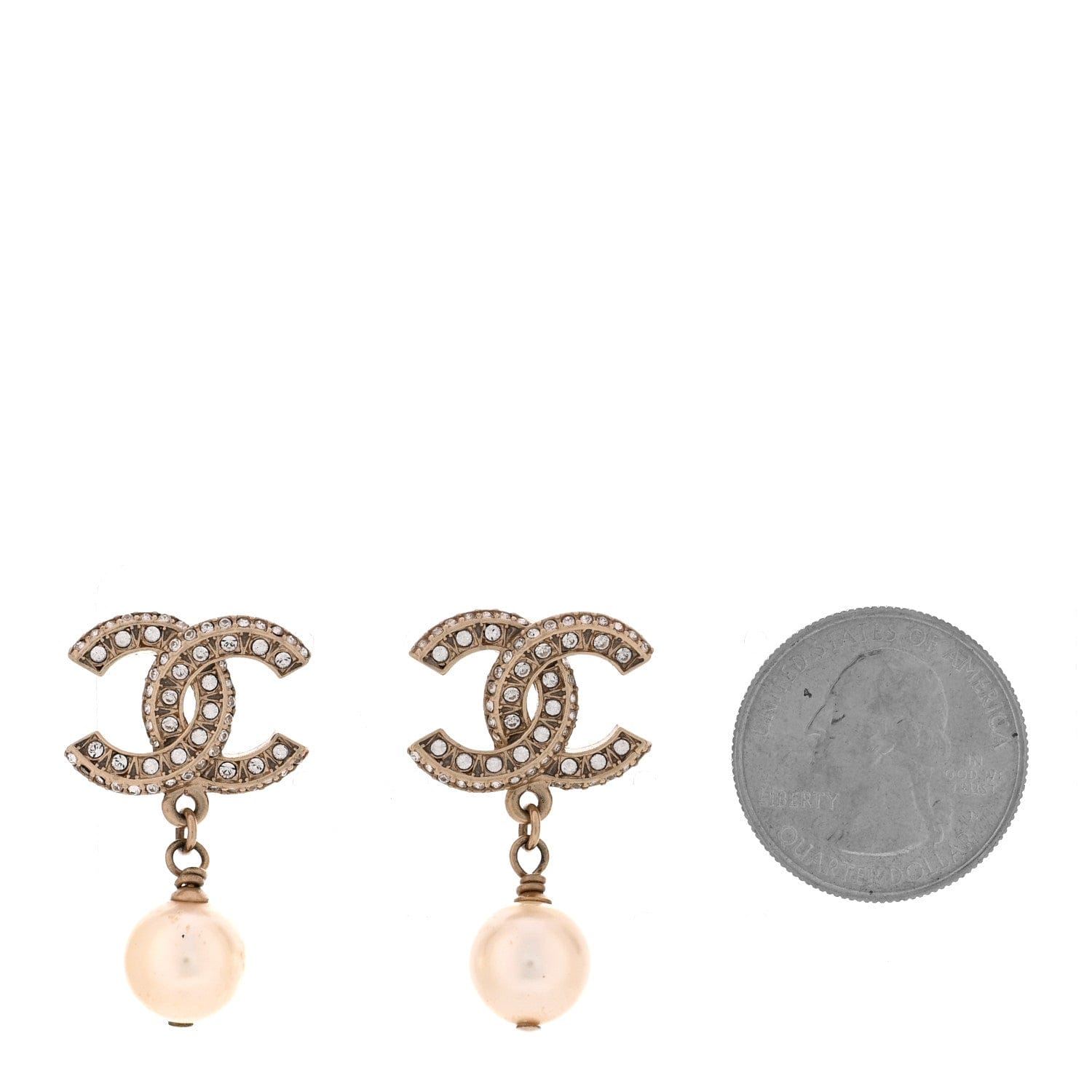 Chanel Crystal Timeless CC Pearl Drop Earrings Light Gold