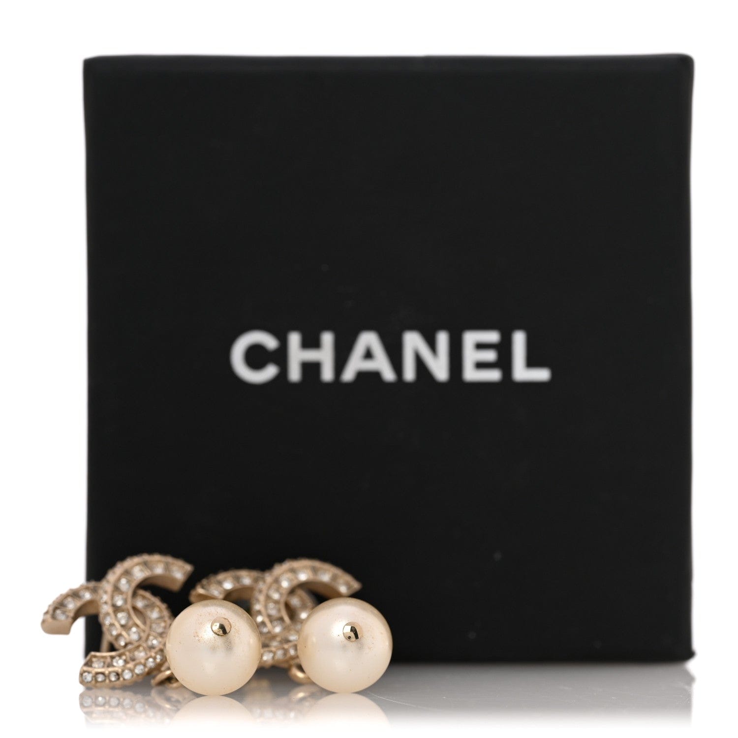 Chanel Crystal Timeless CC Pearl Drop Earrings Light Gold