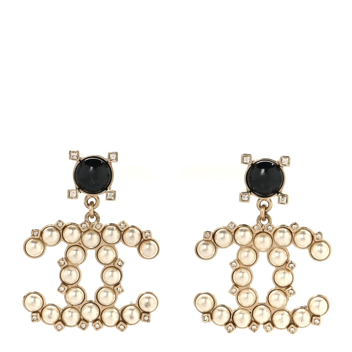Chanel Resin Crystal Pearl CC Drop Earrings Black Gold