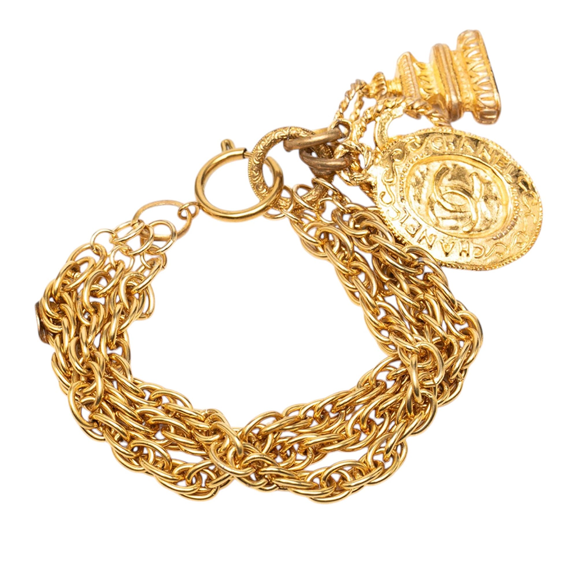 Chanel CC Gold Plated Triple Chain Logo Charm Bracelet