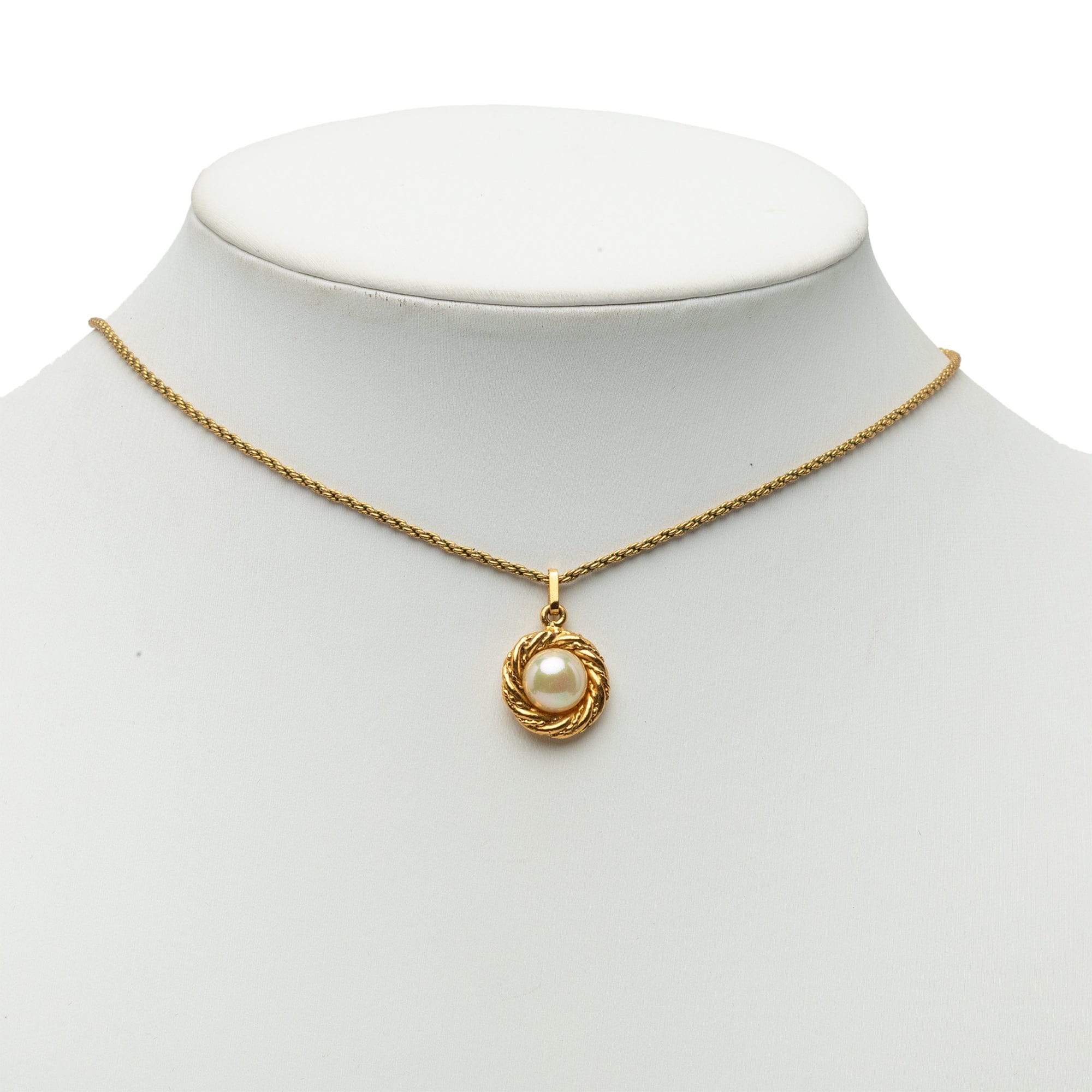 Chanel Gold Plated Faux Pearl Round Pendant Necklace