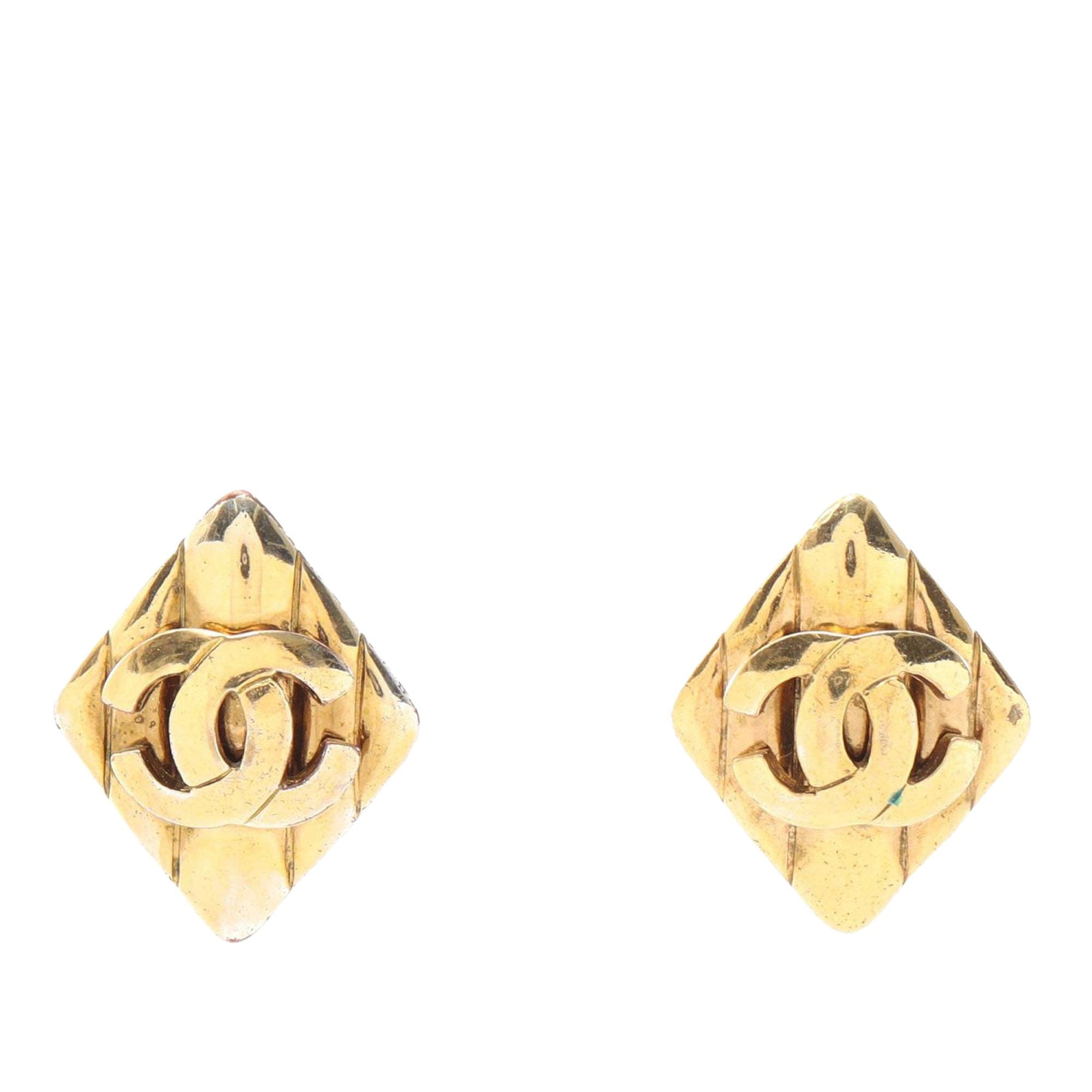 Chanel CC Gold Plated Rhombus Clip on Earring